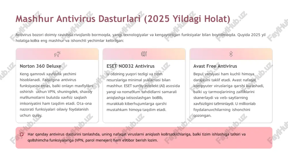 rli belgilar, raqamlar va harflarni o8z ichiga olgan noyob parollardan foydalaning. muhim akkauntlar uchun ikki faktorli autentifikatsiyani yoqing. shubhali kontentdan ehtiyot bo8lish noma9lum manbalardan kelgan elektron pochta xabarlaridagi havolalarga kirmang va fayllarni yuklab olmang. ijtimoiy muhandislik hujumlariga diqqat qiling. tarmoq xavfsizligini tekshirish xavfsizlik devori (firewall) to8g8ri sozlangani va wi-fi tarmog8ingiz mustahkam shifrlanganiga (wpa2/wpa3) ishonch hosil qiling. keraksiz portlarni yoping. axborot xavfsizligi mutaxassislari: bozor talabi kiber-tahdidlarning o8sishi bilan birga, axborot xavfsizligi sohasida malakali mutaxassislarga bo8lgan talab ham sezilarli darajada oshmoqda. bu soha eng tez rivojlanayotgan it yo8nalishlaridan biridir. malakali mutaxassislar yetishmovchiligi axborot xavfsizligi talabining o'sishi kiberhujumlarning o'sish soni resurs va talab ziddiyati hujumlarga qarshi zaif himoya kiber xavfsizl ik sohasi dagi inqiroz tizimli inqiroz kasbiy rivojlanish imkoniyatlari yuqori talab: xavfsizlik bo8yicha tahlilchilar, etika xakerlar, xavfsizlik arxitektorlari va ma9lumotlar himoyasi bo8yicha mutaxassislarga global miqyosda yuqori maoshli ish o8rinlari mavjud. tashkilotlar o8z aktivlarini himoya qilish uchun katta sarmoya kiritmoqda. sertifikatlar: sohaga kirish va …