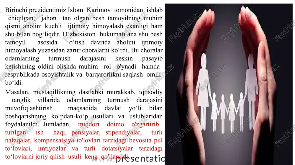 , gaz bilan ta’minlashni yaxshilash aholining muhtoj qatlamlariga ko‘rsatiladigan ijtimoiy yordam sifatini oshirish, xotin-qizlarning ijtimoiy-siyosiy hayotdagi maqomini oshirish sog‘liqni saqlash sohasini isloh qilish maktabgacha ta’lim muassasalarining qulayligini ta’minlash, umumiy o‘rta ta’lim, o‘rta maxsus va oliy ta’lim sifatini yaxshilash obrazets teksta vtoroy uroven tretiy uroven chetvertiy uroven pyatiy uroven www.presentationgo.com © presentationgo.com by: .com ijtimoiy sohani rivojlantirish www.presentationgo.com © presentationgo.com by: .com sohalarni rivojlantirish bo‘yicha hokimliklarning faoliyatini kuchaytirish sanoatda 7840 ta loyiha orqali 250 mingta ish o‘rni yaratish xizmat ko‘rsatish sohasida 12 mingta loyiha orqali 85,5 mingta ish o‘rni yaratish ishsizlik darajasi yuqori bo‘lgan va mehnat bozorida vaziyat murakkab bo‘lgan 54 ta tumanda 78,8 mingta yangi ish o‘rni tashkil etish sanoatda — 24 mingta qishloq xo‘jaligida 21,5 mingta qishloq xo‘jaligida 8430 ta loyiha orqali 55,8 mingta ish o‘rni yaratish qurilishda — 22,5 mingta xizmat ko‘rsatish va servis sohasida — 10,7 mingta 1941–1945 yillardagi urush va mehnat fronti faxriylari, nafaqaxo‘rlar, nogironlar, yolg‘iz …