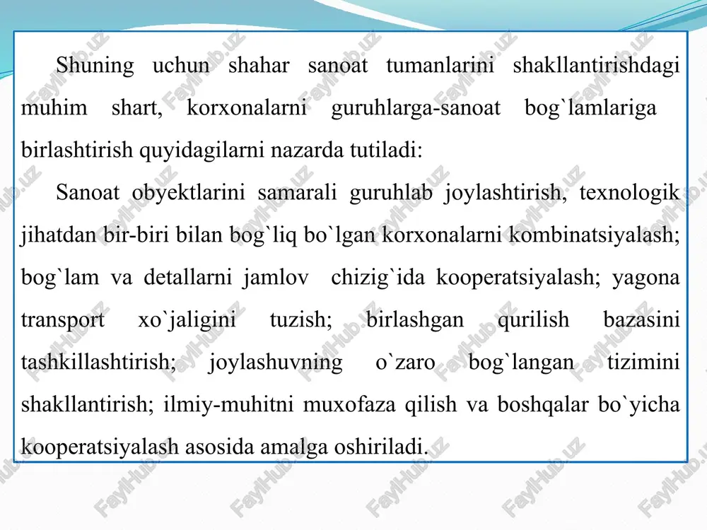 rish korxonalarini qurish uchun, yaxshi qurilish maydoni tanlangan bo’lib, u suv, elektr energiyasi, temir yo’l tarmoqlari bilan ta’minlangan bo’lsa, u holda qurilish maydonidan foydalanish g’oyat katta iqtisodiy samara beradi. shuning uchun shahardagi tarqoq korxonalarni iloji boricha bir tugunga to’plab, tuman sanoatiga birlashtirish yaxshi natija beradi. shaharni sanoat tumani deb, hamma ishlab chiqarish korxonalari, ularni yordamchi, xizmat ko’rsatuvchi va transport qurilmalari, iqtisodiy, ma’muriy boshqarmasi bilan birga obodonlashtirish, ma’muriy-maishiy xizmat binolarini birlashtirishga aytiladi. sanoat korxonalarini tumanlashtirish yutuqlariga quyidagilarni kiritish mumkin: – umumiy xom-ashyo bazasidan foydalanish; – birgalikda temir yo’l transporti, energetika inshootlari, suv va kanalizatsiya tarmoqlari va boshqa yordamchi inshootlardan foydalanish; – umumiy qurilish bazasidan foydalanish; – umumiy sanitar bazasini barpo qilish; – umumiy sanoat tumanini obodonlashtirish; – umumiy loyihalangan shahar yo’l tarmog’ining borligi. shahar maydoni hududida sanoat tumanini joylashtirishda birinchi navbatda shamolni ustunlik qiluvchi yo’nalishi va gigienik talablarni hisobga olgan holda korxonalardan chiqadigan zararli moddalar - havo, suvni, tuproq tarkibi va …