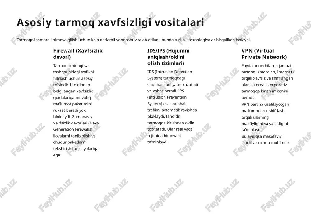 'natuvchi va qabul qiluvchi qurilmalarda o'qilishi mumkin. serverda hatto telegramning o'zi ham ularni o'qiy olmaydi. 4 noma'lum botlardan ehtiyot bo'lish noma'lum yoki shubhali botlar shaxsiy ma'lumotlaringizni yoki kirish huquqlarini o'g'irlashi mumkin. botlarga o'ta ishonchli ma'lumotlarni bermang. kelajakdagi tendensiyalar va innovatsiyalar tarmoq xavfsizligi sohasi tahdidlar tezligiga moslashish uchun doimiy yangiliklarga muhtoj. sun'iy intellekt (ai) va mashinani o'rganish (ml) ai real vaqtda tahdidlarni oldindan aniqlash, g'ayritabiiy harakatlarni ajratib ko'rsatish va yangi turdagi (zero- day) hujumlarga qarshi avtomatik javob berishda hal qiluvchi rol o'ynaydi. bulutli xavfsizlik yechimlari ko'pgina tashkilotlar o'z operatsiyalarini bulutga ko'chirishi bilan, sase (secure access service edge) kabi integratsiyalashgan bulutga asoslangan xavfsizlik xizmatlariga talab ortadi. zero trust (nol ishonch) modeli bu model tarmoq ichida yoki tashqarisida bo'lishidan qat'i nazar, har bir foydalanuvchi va qurilmani tekshirishni talab qiladi. "hech qachon ishonma, doimo tekshir" shiori ostida ishlaydi. mutaxassislar yetishmovchiligi kiberxavfsizlik sohasida tobora o'sib borayotgan mutaxassislar tanqisligi muammo bo'lib qolmoqda, bu esa ta'lim va …