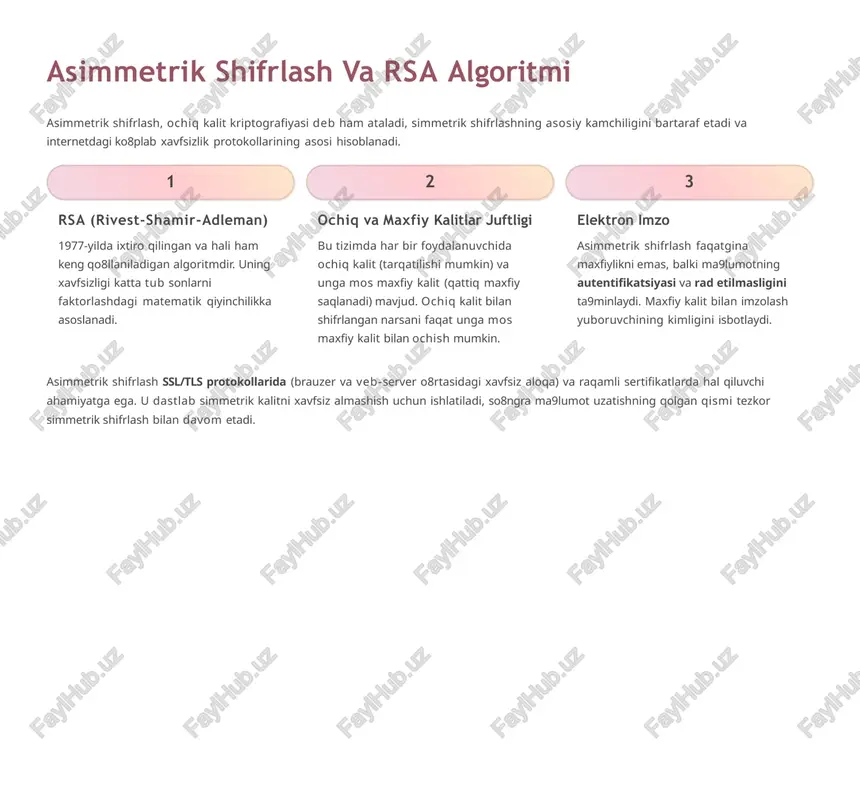 ish imkoniyatiga ega bo8lishi mumkin. kvantga qarshi kriptografiya (post-quantum cryptography - pqc) dunyo yetakchi tashkilotlari (nist) kvant kompyuterlariga chidamli yangi kriptografik algoritmlarni standartlashtirish ustida ishlamoqda. bu kelajakdagi xavfsizlikni ta9minlashning asosiy yo8nalishidir. sun9iy intellektning integratsiyasi ai shifrlashda ikki xil rol o8ynaydi: bir tomondan, u kriptoanalizni kuchaytirishi mumkin; boshqa tomondan, u xavfsizlik tizimlarini real vaqt rejimida himoya qilish va zaifliklarni aniqlash uchun ishlatiladi. maxfiylikni oshiruvchi texnologiyalar (pet) gomomorf shifrlash kabi texnologiyalar ma9lumotni shifrlangan holatda qayta ishlash imkonini beradi. bu maxfiylikni saqlagan holda bulutli hisoblash va ma9lumotlar tahlilini amalga oshirishga yordam beradi. xulosa: shifrlash 3 zamonaviy dunyoning himoyachisi shifrlash raqamli asrda shaxsiy daxlsizlik, tijorat sirlari va milliy xavfsizlikni himoya qilish uchun muhim va ajralmas vositadir. unga sarmoya kiritish va uni to8g8ri qo8llash har bir foydalanuvchi va tashkilotning ustuvor vazifasi bo8lishi kerak. biz hammamiz xavfsiz, erkin va ishonchli raqamli muhitni yaratishda kriptografiyaning qudratidan foydalanishimiz lozim. strategik himoya ma9lumot xavfsizligining asosiy ustuni bo8lib, kiberhujumlar va …