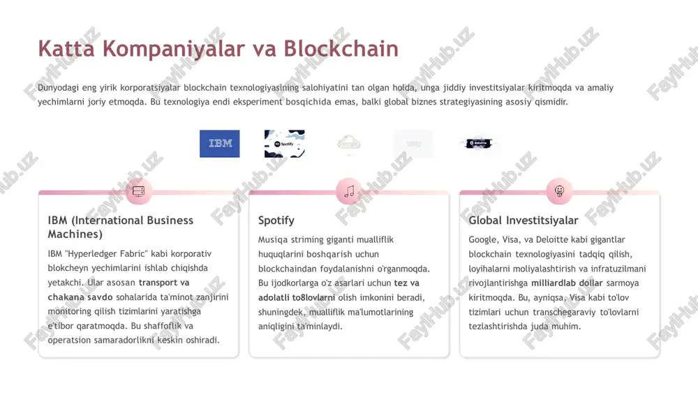 anadi. texnologiyaning tez o'sishi bu sohada ulkan imkoniyatlar yaratmoqda. $280k yuqori daromad potensiali 2025-yilga kelib, tajribali blockchain injinerlari va arxitektorlarining o'rtacha yillik daromadi $150,000 dan $280,000 gacha yoki undan ham ko'proqni tashkil etadi. 500% ish o8rinlari o8sishi so'nggi bir necha yil ichida blockchain bilan bog'liq ish o'rinlariga bo'lgan talab 500% dan oshdi va bu tendensiya davom etishi kutilmoqda. talab yuqori bo'lgan mutaxassisliklar smart-kontrakt dasturchilari: asosan solidity (ethereum) kabi tilda, markazlashtirilmagan ilovalar (dapps) va avtomatlashtirilgan shartnomalarni yozishga ixtisoslashgan. protokol muhandislari: blockchainning asosiy qatlamini yaratish va uning xavfsizligini ta'minlash bilan shug'ullanadi. blockchain arxitektorlari: kompaniyalarning biznes ehtiyojlariga mos keladigan korporativ blockchain yechimlarini loyihalashtirish va boshqarish. masofadan ishlash: blockchain sohasidagi ish o'rinlarining aksariyati global, ya'ni mutaxassislar dunyoning istalgan nuqtasidan turib, eng yaxshi kompaniyalar uchun ishlashi mumkin. blockchainning jamiyat va iqtisodiyotga ta9siri blockchainning ta'siri faqat texnologiya va moliyadan tashqariga chiqadi. u global miqyosda ijtimoiy va iqtisodiy adolatni ta'minlashda muhim rol o'ynaydi. shaffof boshqaruv moliyaviy inklyuzivlik …