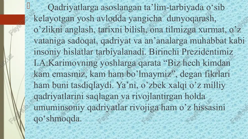 ’q qadriyat sanaladi. o’zbekiston umuminsoniy qadriyatlarga chuqur hurmat, madaniyatda umuminsoniy tamoyillarining ustuvorligi yo’lini tanlaganini butun dunyo jamoatchiligiga bildirdi. mustaqil o’zbekiston qudratining asosiy manbai, - degan edi birinchi prezidentimiz i. a.karimov, - xalqimizning umuminsoniy qadryatlariga sadoqatidir. bir qator omillar sababli qadriyatlar masalasi bugungi kunning dolzarb masalalaridan biriga aylandi. birinchidan, jamiyat taraqqiyoti o’xshashi yo’q favqulotda hollarni yuzaga keltiradi. bu esa o’z navbatida qadriyat yo’nalishlarini qayta ko’rib chiqish yoki tamoman o’zgartirish muammosini yaratdi. ikkinchidan, qadriyat yo’nalishlarini faqatgina jamiyat ongiga bog’lab qo’yib bo’lmasligi, ilmiy ob’ektiv yondashuv hech zamon aksiologik yondashuvni inkor etmasligi kerakligi aniq bo’lib qoldi. ma’lumki qadriyatlar muayyaan sharoitlarda shakllanadi. shu sababli ular mahalliy, milliy, mintaqaviy shakllar va umuminsoniy mazmunda mavjud bo’ladi. mahalliy qadriyatlarning eng yetuklari va umummilliy manfaatlarga moslari asta-sekin saralanib, umummilliy darajaga ko’tariladilar. milliy muhit qadriyatlarni yaratish va saralashning asosiy manbasidir: u mahalliy qadriyatlarning eng yaxshilarini o’z darajasiga ko’taradi va ularni voyaga yetkazib, jahon miqyosiga olib chiqadi va aksincha umuminsoniy qadriyatlarni …