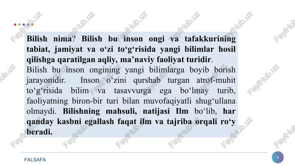 b’yektivligi, konkretligi, nisbiyligi va absolyutligi. 10.haqiqatning mezoni haqidagi qarashlar. falsafa * glossariy bilish - voqelikning ma’naviy o’zlashtirilishi. bilishning obekti - insonning nazariy, amaliy faoliyati yo’naltirilgan narsa, voqea- hodisa, jarayon. bilishning subyekti - bilishni amalga oshiruvchi inson, ijtimoiy birliklar. bilish usullari - bilish jarayonining tamoyili, qonun-qoidasi, talablar tizimi, uslub va vositasi. ilmiy bilish ikki daraja - empirik va nazariy usullarga bo’linadi. kuzatish, o’lchash, taqqoslash, eksperiment empirik bilish usullari. empirik – tajribada ko’rilgan. etimologiya – u yoki bu so’z yoki iboraning kelib chiqishi. epistemologiya – bilish haqidagi falsafiy ta’limot. gnostik (yun.-bilish) -dunyoni bilish mumkinligini tan oluvchi kishi. agnostiklar - olamni to’laqonli, haqiqiy bilish mumkin emas, deguvchilar. gnostika (yun.-gnosis-bilim)-eramizning 150 yillarida o’zining cho’qqisiga erishgan diniy-falsafiy oqim bo’lib, bu oqim vakillari xristianlik teologiyasini qadimgi sharq fanlari hamda neoplatonizm va pifagorizm bilan birlashtirgan edilar. gnostika bilib bo’lmaydigan, o’zini emanatsiyada namoyon qiladigan "yomonlik" manbai materiyaga qarama-qarshi turadigan ruhiy bosh ibtidoni e’tirof etadi. hissiy bilish - insonning …