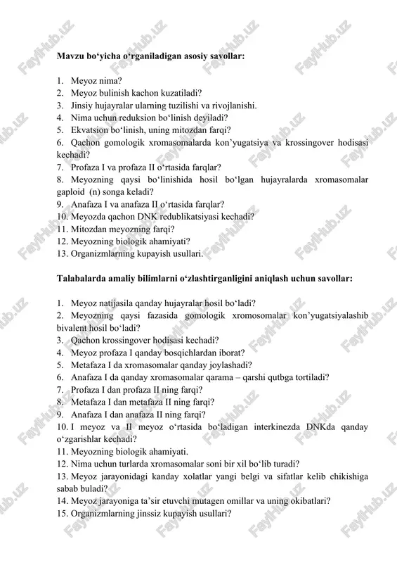 turlarning xilma-xilligini ta’minlaydi 5. xromosomalarning yangi kombinatsiyalarini hosil qilmaydi 6. belgilarning doimiyligini ta’minlanadi 14. mitoz usuli bilan bo‘linishni hamda o‘simliklarda ko‘zatiladigan qo‘sh urug‘lanishni, uning xromosoma mexanizmini aniqlagan olimlarni ko‘rsating ? 1. o‘simlik hujayralarida - rus botanigi i.d.chistyakov(1874) 2. hayvon hujayralarida - rus gistologi p.i.peremejko(1878) 3. qo‘sh urug‘lanishni s.n.navashin 4. qo‘sh urug‘lanishini xromosoma mexanizmini m.s.navashin 5. o‘simlik hujayralarida - rus gistologi p.i.peremejko(1874) 6. hayvon hujayralarida - rus botanigi m.s.navashin(1878) 7. qo‘sh urug‘lanishni - m.s..navashin 8. qo‘sh urug‘lanishni xromosoma mexanizmini-i.d.chistyakov 15. meyozning i-bo‘linishida ko‘zatiladigan beshta fazani ko‘rsating ? 1. profaza-i 2.prometafaza-i 3.metafaza-i 4.anafaza-i 5. telofaza-i 6. interkinez-i 7. presintetik-i 8. sintetik-i 9. postsintetik-i 10. sitokinez-i 16. bir hujayrali va ko‘p hujayrali organizmlar ko‘payishining xillarini ko‘rsating ? 1. bir hujayrali organizmlar - jinssiz va jinsiy 2. ko‘p hujayrali organizmlar - jinssiz va jinsiy-urug‘lanib 3.ko‘p hujayrali organizmlar - jinssiz va jinsiy-partenogenez, androgenez, ginogenez 4. bir hujayrali organizmlar - faqat jinssiz 5. ko‘p hujayrali organizmlar …