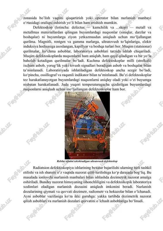 d rentgen va γ - nurlanish dozasida kuzatiladigan ekvivalent biologik effekt kuzatiladi. rad - 1 g istalgan moddaga singigan 100 erg energiyaning tizimdan tashqari birligi. a toifadagi kishilar ichidan ikki guruh shaxslar ajratib ko‘rsatilgan: 1-guruh nurlanish dozalari yillik chjdning 0,3 qismidan ortib ketishi mumkin bo’lgan sharoitda ishlaydigan shaxslar; 2) nurlanish dozalari chjdning 0,3 qismidan oshmaydigan sharoitda ishlovchi shaxslar. 2-guruhga sanitariya-himoya zonasida ishlaydigan katta yoshdagi odamlar, shuningdek, nazorat qilinadigan zonaga vaqti-vaqtida kelib turadigan kishilar kiradi. bu shaxslar uchun, nazorat qilinadigan zonada ishlaydigan kishilardan farqli o‘laroq, yakka tartibdagi dozimetrik nazorat va maxsus tibbiy kuzatuv talab qilinmaydi. falokat (nosozlik) yuz berganida tashqi nurlanishni va odam organizmiga radioaktiv moddalar kirishini kamaytirish uchun hamma amaliy chora-tadbirlar ko‘rilmog’i zarur. zararsizlantirishning yuksak samaradorligini ta’minlash uchun radioaktiv manbalami saqlashga gamma-qurilmalami zaryadlash kerak hamda qayta zaryadlashga mo‘ljallangan xonalar devorlari moybo`yoq yoki boshqa moy yig’uvchi material bilan qoplanadi. bu xonalarning poliga plastik yoki linoleum qoplanadi. radioaktiv moddalar ishlatiladigan korxonalar va …