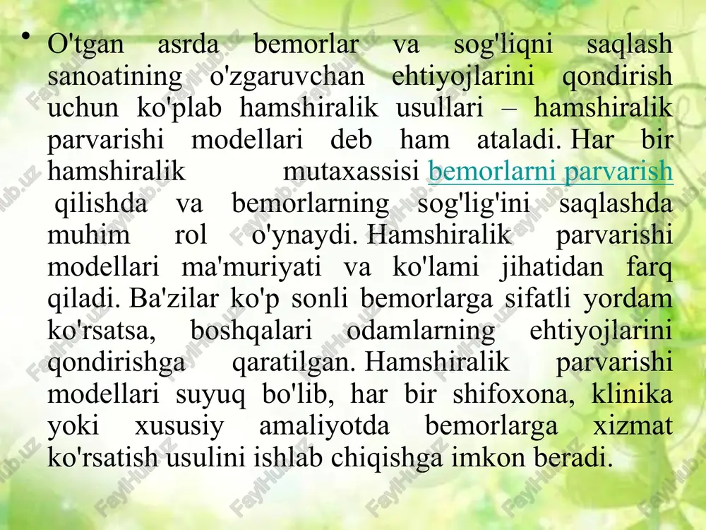 uman bemorga emas, balki faqat o'ziga xos jarohatlar, alomatlar yoki kasalliklarga qaratilgan. funktsional hamshiralik parvarishi ko'plab afzalliklarga ega, bularga quyidagilar kiradi; vazifalar eng qisqa vaqt ichida hamroh bo'ladi, xodimlar tezroq ishlashni o'rganadilar, kichik xodimlar katta xodimlardan o'rganadilar va bu kamroq xarajat qiladi. jamoa hamshiralik parvarishi modeli ushbu model sog'liqni saqlashga 1950-yillarda eleanor c. lambertsen tomonidan kiritilgan. uning hamshiralik modeli "hammamiz birgalikda ishlaymiz" ga qaratilgan va u funktsional modelga juda o'xshash, ammo jamoaviy hamshiralik parvarishi tizimi keng miqyosda ishlaydi. jamoa hamshiralik modeli bosh bilan birga keladi, ya'ni katta hamshira guruh bo'ylab vazifalarni topshirish uchun javobgardir. bir vaqtning o'zida bir nechta bemorlarga jamoaviy g'amxo'rlik amalga oshirilmoqda. hamshiralik parvarishining funktsional modeli singari, vazifalar mahorat darajasi, tajribasi va tayyorgarligi asosida jamoa a'zolariga beriladi. jamoa hamshiralik modeli cheklangan ko'nikma va tajribaga ega bo'lgan sog'liqni saqlash guruhi a'zolari uchun o'z hamkasblaridan tajriba, tajriba va bilimga ega bo'lish uchun joy yaratadi. bu, shuningdek, ko'proq ko'nikma, tajriba va …