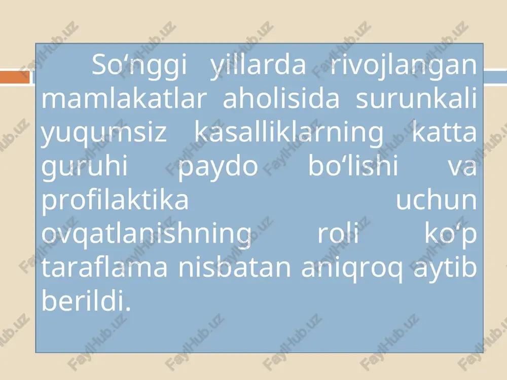 ) ta'siri ostida ichaklarning shilliq qavatidan ajralib chiqadigan biogen aminlar (gistamin, tiramin va boshqalar)ga nisbatan reaksiyalar bunday ko‘tara olmaslikka misol bo‘ladi. oziq-ovqatlar biogen aminlari sirasiga putressin va kadaverin (vino), spermidin (cho‘chqa go‘shti va boshoqlilar), triptamin (pomidorlar), 5-gidroksitriptamin (banan, avokado) ham kiradi. oziq-ovqatlarning farmakologik faol tarkibiy qismlariga kolbasa ishlab chiqarish sanoatida qo‘llaniladigan nitritlar ham kiradi. ularning o‘ta ko‘p tushishida eshakemi, sanchiqli simptomatika, yuz giperemiyasi paydo bo‘ladi. ovqatlanish bilan quyidagi kasalliklar xam bevosita bog‘liq va salmoqli ahamiyat kasb etadi: karies paydo bo‘lishi va rivojlanishida yuqumli va parazitar kasalliklar tayanch-harakat apparati kasalliklari oshqozon-ichak yo‘llari va gepatobiliar tizim kasalliklari endokrin kasalliklari yuqumli kasalliklar o'ta xavfli kasalliklar o‘tkir ichak infeksiyalari (zoonoz va antroponozlar) mikrobli etiologiyaga ega bo‘lgan ovqat zaharlanishlari o‘ta xavfli kasalliklar boshqa guruhga bevosita ovqat disbalansi bilan bog‘liq bo‘lgan va “sivilizatsiya kasalligi” deb ham ataluvchi ommaviy noinfeksion kasalliklar kiritiladi. alimentar-bog‘liq yuqumsiz kasalliklar: so‘nggi yillarda rivojlangan mamlakatlar aholisida surunkali yuqumsiz kasalliklarning katta guruhi paydo bo‘lishi …