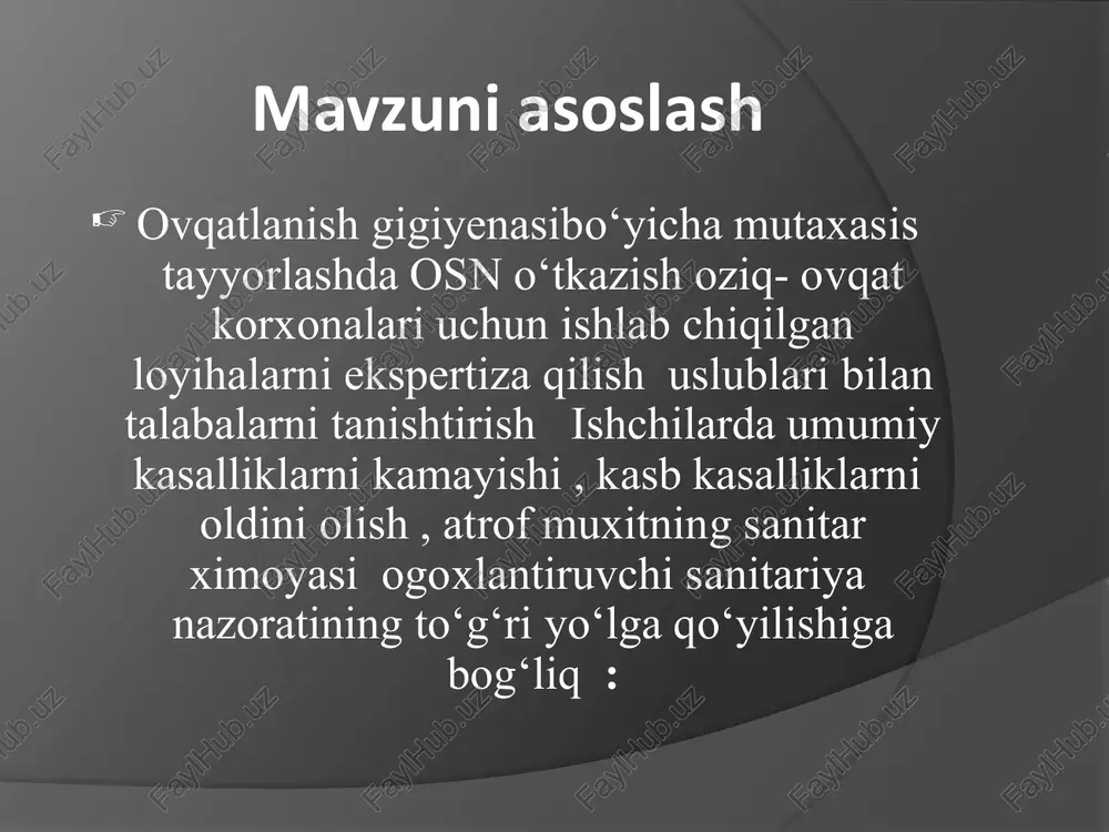 r maydoni ajratish to‘g‘risidagi xulosa maxsus jurnalga yoziladi. yer maydoni ajratish to‘g‘risidagi kelishib olishgandan so‘ng loyiha tashkiloti dsenm ga quyidagi xujjatlarni kursatish kerak: -yer maydoni o‘lchamlari va sitatsion plani : -korxona loyihasi - yer osti suvi sathi va shamol asosiy yo‘nalishi to‘g‘risidagi ma'lumot -yer manbai -oqava suvlar tarkibi to‘g‘risida ma'lumot: -ushbu yer maydonini oxirgi 20yil mobaynidan nima maqsadda foydalanilganligi.oladi: yer maydoni tanlashda quyidagilarga e'tibor berish kerak: sanitar-ximoya mintaqa (oziq-ovqat ishlab chiqarish korxonolari uchun 50m dan 500m gacha) yer osti suvining satxi (pastki qavat polidan 0,5m pastda bo‘lishi kerak) o‘sha joyni relefi (tekis va yomg‘ir suvlarioqib ketishga qulay bo‘lishi kerak) shamol gullari –aholi punkti, davolash-sog‘lomlashtirish va madaniy-maishiy binolarga nisbatan shamol esmayotgan tomonda., sanitar –texnik inshoatolari ishlab chiqarish korxonalariga nisbatan esa esayotgan tomonda bo‘lishi kerak: yer maydoni ajratishga joy mozor yoki xayvonlar quyiladigan joy bo‘lgan yoki bo‘lmaganligi xisobga olinadi: tanlangan yer maydonga kelib ketish uchun qulay yo‘llar bor-yo‘qligi e'tiborga olinadi: maydon o‘lchamlari …