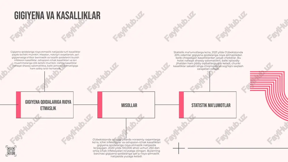 rofilaktik chora-tadbirlarni rejalashtirish rejalashtirish jarayoni profilaktik chora-tadbirlarni amalga oshirishda muhim ahamiyatga ega. ushbu jarayonda maqsadlar belgilab olinadi, zarur resurslar aniqlanadi va chora-tadbirlar samarali rejalashtiriladi. maqsadlar: odamlar, guruhlar yoki jamiyat uchun sog'liqni saqlashni yaxshilash va kasalliklarning oldini olishga qaratilgan chora-tadbirlar. natijalarni baholash: olingan natijalar profilaktik chora-tadbirlarning samaradorligini ko'rsatadi. natijalarni baholash jarayoni, kelgusida rejalashtirish va takomillashtirish uchun muhim ma'lumotlar beradi. photo by jannis brandt on unsplash 02. profilaktik chora-tadbirlarning o'zgarishi o'zgarishlar: vaqt o'tishi bilan profilaktik chora-tadbirlar sog'liqni saqlash tizimidagi talablar va yangi ilmiy-tadqiqotlar natijalari asosida o'zgaradi. bu o'zgarishlar jamiyat ehtiyojlari va yangi kasalliklarning paydo bo'lishiga javob sifatida yuzaga keladi. yangi usullar: zamonaviy texnologiyalarni qo'llash, masalan, raqamli monitoring tizimlari, profilaktik chora-tadbirlarning samaradorligini oshirishga yordam beradi. kelajakdagi istiqbollar: sog'liqni saqlashda yangi yondashuvlar, masalan, telemeditsina va shaxsiylashtirilgan tibbiyot, profilaktik chora-tadbirlarni yanada samarali va tezkor amalga oshirish imkonini beradi. photo by benjamin child on unsplash gigiyena amaliyotida zamonaviy yondashuvlar zamonaviy yondashuvlar haqida gigiyena amaliyotida zamonaviy yondashuvlar …