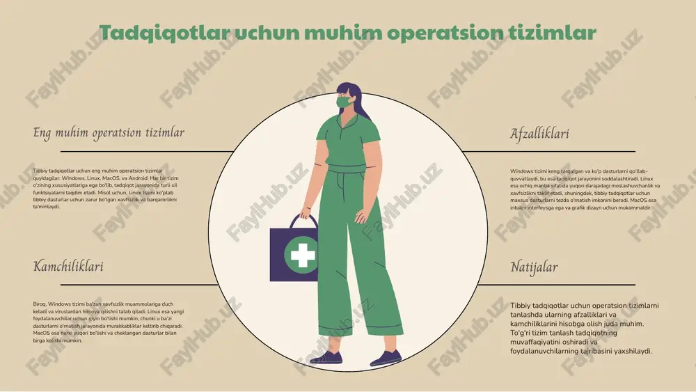 ariya qoidalariga rioya qilish zarur. turli xil namunalar tadqiqotlarda qon, to'qima va suyuqliklar kabi turli namunalar olinadi. har bir namunaga xos tahlil va qo'llanilish usullari mavjud bo'lib, ular tadqiqot natijalarini ta'sir qiladi. tibbiy tadqiqotlarda qo'llanilishi namunalar tibbiy biologik tadqiqotlarda kasalliklarni aniqlash, davolash strategiyalarini ishlab chiqish va yangi dori vositalarini sinovdan o'tkazishda muhim ahamiyatga ega. xulosa tadqiqot uchun namunalar ehtiyotkorlik bilan olinishi lozim. to'g'ri olingan namunalar tadqiqot natijalarining ishonchliligini ta'minlaydi. ma'lumotlar bazalari va ularning roli tibbiy biologik tadqiqotlar ma'lumotlar bazalari tibbiy biologik tadqiqotlarda asosiy rol o'ynaydi. ular tadqiqot natijalarini saqlash, tartiblash va tahlil qilishda muhim ahamiyatga ega. ular orqali ma'lumotlar tez va samarali tarzda boshqariladi. ma'lumotlar bazalarini yaratish ma'lumotlar bazalarini yaratishda avval ma'lumot turlarini aniqlash va ularning atributlarini belgilash zarur. keyinchalik, ma'lumotlar bazasi tizimlari (masalan, mysql, postgresql) orqali ma'lumotlar saqlanadi. bu tizimlar, shuningdek, tahlil qilish uchun qulay vositalarni taqdim etadi. tadqiqot natijalarini olish tadqiqot natijalarini olishda sql so'rovlari yordamida kerakli ma'lumotlarni …