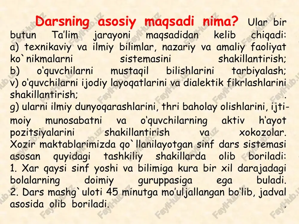 ikmalar ijodiy faoliyat asosi bo‘lib qolishi mumkin, lekin unga tayyorlikka kafolat bo‘la olmaydi. ijodga, ta’limning o‘ziga xos turi sifatida maxsus o‘qitish kerak bo‘ladi. ilmiy asoslangan ta’lim mazmunini qanday aniqlash mumkin? ta’lim mazmuniga nima ta’sir ko‘rsatadi? u nimaga bog‘liq bo‘ladi? ta’lim mazmunini aniqlovchi asosiy omillar quyidagilardan iborat bo‘ladi: fan, texnika, madaniyatning jamiyatda rivojlanganligi darajasi; ta’limning maqsad va vazifalari; o‘quvchilarning yoshi xususiyatlari; o‘quvchi shaxsining ehtiyojlari umumiy o‘rta va o‘rta maxsus ta’lim mazmuni o‘quvchilarda atrof-muhit haqida umumiy tasavvurlarni hosil qilishi, ularni o‘zlarining amaliy faoliyatlari uchun zarur bo‘lgan bilimlarni izlashg va bu bilimlarni hayotiy muammolarni hal etishda qo‘llashga o‘rgatishi kerak. ta’lim mazmuni o‘quv rejalari, o‘quv dasturlarida, darsliklarda aks ettiriladi, hozirgi sharoitda o‘rta maktab, akademik litsey va kasb-hunar kollejlari uchun ta’lim mazmuni (o‘quv rejalari)ni ishlab chiqishda ta’lim mazmunida quyidagi g‘oyalar etakchi o‘rin tutadi: insonparvarlashtirish; integratsiya; standartlashtirish; ko‘p bosqichlilik; axborotlashtirish; individuallashtirish; ketma-ketlik. maktab ta’limi mazmunini shakllantirish quyidagi umumiy tamoyillarga muvofiq amalga oshiriladi: ta’lim mazmunining barcha elementlari …