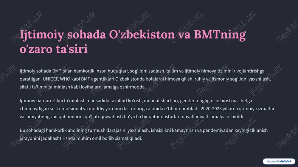 xavfsizlik kengashi va boshqa tegishli organlar bilan ishonchli aloqalar yo‘lga qo‘yilgan, ularda mamlakat o‘zining nuqtai nazarini faol ifoda etmoqda. 9 xulosa: hamkorlikning istiqbollari va rivojlanish tendentsiyalari o'zbekiston va bmt o'rtasidagi hamkorlik uzoq muddatli va ko'p qirrali bo'lib, mamlakat rivojlanishi uchun muhim mexanizm sifatida xizmat qilmoqda. siyosiy, iqtisodiy, ijtimoiy va ekologik sohalarda erishilgan muvaffaqiyatlar va amalga oshirilayotgan loyihalar kelajakda hamkorlikning yanada mustahkamlanishidan darak beradi. barqaror rivojlanish maqsadlariga erishish yo‘lida o'zbekiston bmt bilan hamkorlikni yangi darajaga olib chiqish, xalqaro tajriba va resurslarni yanada samarali jalb qilish uchun strategik rejalar ishlab chiqmoqda. bu esa mamlakatni global maydonda yanada barqaror va raqobatbardosh qilishga xizmat qiladi. kelajakda hamkorlikni kengaytirish uchun innovatsiyalar, texnologiyalar va yoshlarni rivojlantirishga alohida e'tibor qaratilishi rejalashtirilgan. umuman olganda, o'zbekistonning bmt bilan hamkorligi mamlakat taraqqiyotining poydevorini mustahkamlash va xalqaro hamjamiyat bilan integratsiyasini chuqurlashtirishga xizmat qiladi. 10 image-1002-1.png image-1-1.png image-1003-1.png image-1004-1.png image-1005-1.png image-4-1.png image-1006-1.png image-1007-1.png image-1008-1.png image-1009-1.png image-1010-1.png image-9-1.png image-1011-1.png image-10-1.png made with gamma …