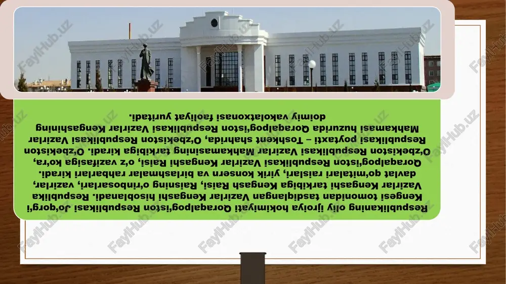 nlari va poytaxt – nukus shahridir. respublikaning ma’muriy-hududiy tuzilmasi 16 ta tuman va 1 ta shahardan iborat: amudaryo, beruniy, bozatov, ellikqal’a, to‘rtko‘l, kegeyli, chimboy, qorao‘zak, taxtako‘pir, qonliko‘l, sho‘manoy, qo‘ng‘irot, mo‘ynoq, xo‘jayli, taxiatosh, nukus tumanlari va poytaxt – nukus shahridir. qoraqalpog‘iston respublikasi o‘zbekiston respublikasi tarkibidagi parlament boshqaruv shakliga ega bo‘lgan suveren respublikadir. qoraqalpog‘iston o‘z konstitutsiyasi, bayrog‘i, gerbi va madhiyasiga ega. qoraqalpog‘istonning konstitutsiyasi va qonunlari o‘zbekiston respublikasi konstitutsiyasi va qonunlariga muvofiq ishlab chiqilgan va ular shu asosda amal qiladi. respublikada umumiy rahbarlik jo‘qorg‘i kenges raisi – qoraqalpog‘iston respublikasi parlamenti tomonidan amalga oshiriladi. qoraqalpog‘iston respublikasi o‘zbekiston respublikasi tarkibidagi parlament boshqaruv shakliga ega bo‘lgan suveren respublikadir. qoraqalpog‘iston o‘z konstitutsiyasi, bayrog‘i, gerbi va madhiyasiga ega. qoraqalpog‘istonning konstitutsiyasi va qonunlari o‘zbekiston respublikasi konstitutsiyasi va qonunlariga muvofiq ishlab chiqilgan va ular shu asosda amal qiladi. respublikada umumiy rahbarlik jo‘qorg‘i kenges raisi – qoraqalpog‘iston respublikasi parlamenti tomonidan amalga oshiriladi. respublikaning oliy ijroiya hokimiyati qoraqalpog‘iston respublikasi jo‘qorg‘i kengesi tomonidan …