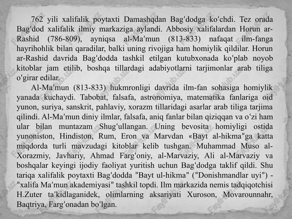 yot, falsafa, tarix, tilshunoslik, ta’lim-tarbiya, kimyo, adabiyot, musiqa, geografiya, geodeziya, topografiya, mexanika singari turli fan sohalari bilan shug‘ullanib, bu ilmlarning kelajakdagi taraqqiyotiga zamin hozirladilar. me’morchilik san’atida yangi tipdagi binolar, ijodiy g‘oyalar. qurilishda pishiq g‘ishtning keng qo‘llanilishi va me’morlikning murakkab kompozitsiyalarini yaratilishi ix-xii asrlarda o‘lkada markazlashgan yirik davlatlarning shakllanishi va ularning rivoji, davlatchilikning mustahkamlanishi, ma’naviy hayot, ilm-fanning rivojlanishigagina emas, balki moddiy madaniyatning ham rivojlanishiga asos bo‘ldi. samarqand, buxoro, urganch (gurganj), termiz, o‘zgan va marv kabi shaharlarda saroylar, masjid, madrasalar, minoralar, maqbaralar, tim va karvonsaroylar ko‘plab qurila boshladi. bu davr o‘rta osiyo me’morchiligida ijtimoiy sharoitdan kelib chiqib, qurilish materiali sifatida paxsa, xom g‘isht va pishiq g‘isht hamda bog‘lovchi element sifatida ganchdan foydalanish keng yo‘lga qo‘yilgan edi. bu vaqtda sinch qadab quriladigan uy-joylar va umum ahamiyatga ega bo‘lgan binolar, saroylar, masjidlar, madrasalar qurilishida yog‘och ham muhim o‘rin egallar edi. x asrlarga kelib binokorlikda qurilish tartibi ham o‘zgara boshladi. mahobatli qurilishda tomi gumbaz bilan …