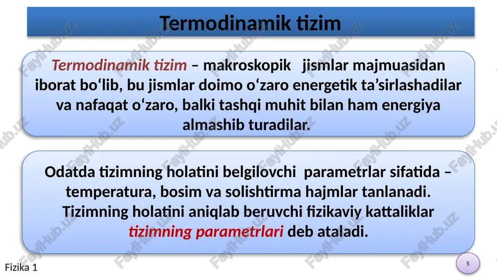 ydi. ideal gaz molekulalarining taqsimot funksiyasi maksimal qiymatga ega bo‘ladigan tezligi ehtimolligi katta bo‘lgan tezlik deb ataladi. gaz molekulalarining o‘rtacha tezligi (o‘rtacha arifmetik tezligi) ideal gaz molekulalarining o‘rtacha kvadratik tezligi 26 26 gaz holatini belgilovchi tezliklar ehtimolligi katta bo‘lgan tezlik o‘rtacha tezlik o‘rtacha kvadratik tezlik fizika 1 27 27 0°s temperaturada ayrim gaz molekulalarining tezligi gaz m/s is gazi (so2) 360 kislorod 425 azot 450 suv bug‘i 570 geliy 1200 vodorod 1700 fizika 1 28 28 potensial kuchlar ta’sirida gaz molekulalarining taqsimoti tashqi maydonlar yo‘qligida idish hajmi bo‘icha gaz bir tekis taqsimlanadi: idish ichidagi istalgan teng makroskopik hajmlarda o‘rtacha bir xil miqdorda molekulalar bo‘ladi. ammo molekulalarga og‘irlik kuchi maydoni ta’sir etganda taqsimot qanday bo‘ladi? istalgan gaz molekulalari erning, tortishish xususiyatiga ega bo‘lgan, potensial maydoni ta’sirida bo‘ladi. bir tarafdan gravitasiyaviy tortishish va ikkinchi tarafdan molekulalarning issiqlik harakati qazning qandaydir stasionar holatga, ya’ni bosimning balandlik bo‘yicha kamayishiga olib keladi. fizika 1 29 …
