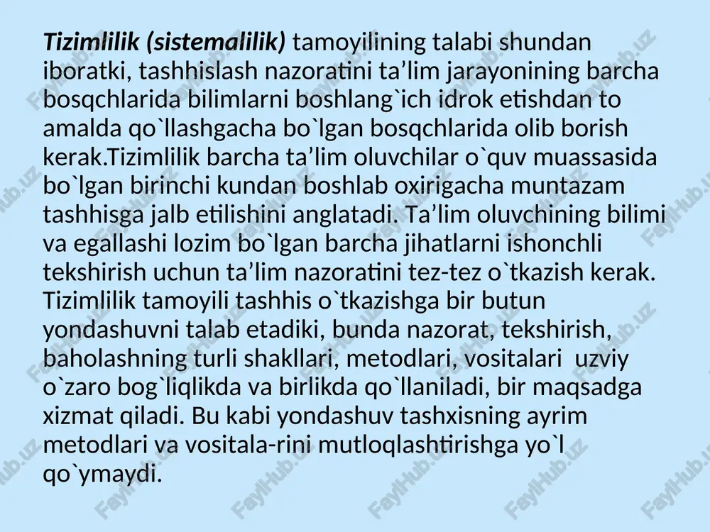 moyishlari, vazirlar mahkamasining qarorlarida belgilangan vazifalarning bajarilishini nazorat qilish; oliy ta’lim muassasalarini attestatsiyadan o‘tkazish, akkreditatsiyalash jarayonining me’yoriy hujjatlari va reyting tizimini ishlab chiqish; oliy ta’lim muassasalari tarkibidagi kafedralarning ilmiy salohiyati, ilmiy-tadqiqot, ma’naviy-ma’rifiy ishlari, tashkil etiladigan ta’lim-tarbiya jarayonining sifatini aniqlash; professor-o‘qituvchilarning pedagogik faoliyati, ilmiy-tadqiqot, ma’naviy-ma’rifiy ishlari, o‘qitiladigan kurslarning moddiy-texnik, o‘quv metodik majmualarining sifatini aniqlash; fanlar bo‘yicha talabalarning dts bilan me’yorlangan bilim, ko‘nikma, malakalarni o‘zlashtirish, kompetensiyalarini tarkib topganlik darajasi va sifatini aniqlash; kvalimetriyaning uchta: nazariy (umumiy), maxsus, va amaliy tarmoqlari mavjud. nazariy kvalimetriyada aniq ob’ekt loyihalanadi (abstraksiyalanadi) va uning sifat ko‘rsatkichlarining umumiy qonuniyatlari va matematik modellari o‘rganiladi. nazariy kvalimetriyaning tadqiqot ob’ekti jism, ishlab chiqarish mahsulotlari, ob’ekt va sub’ektlarning sifatini miqdoriy baholashning falsafiy va metodologik asoslarini ishlab chiqish sanaladi. nazariy kvalimetriyaning amaliy sohalarida turli ob’ekt va jarayonlarning sifatini baholash metodikasi va nazariy asoslari umumiy xususiyatga ega. maxsus kvalimetriya turli xildagi va har xil maqsadda foydalaniladigan aniq ob’ektning sifatini baholashning aniq metodikasi va matematik …