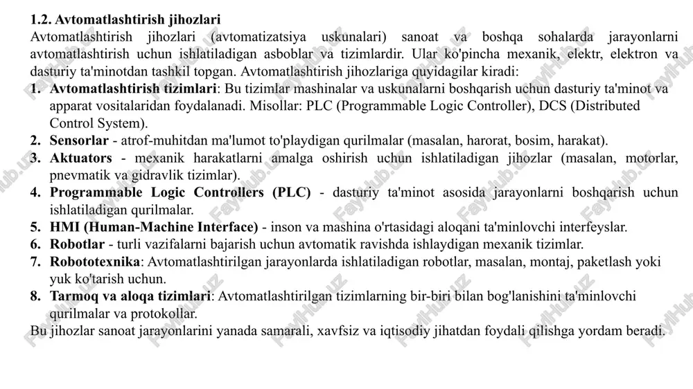 'z ichiga oladi: 1. jihozlarni sozlash va o'rnatish: avtomatlashtirish tizimlarini to'g'ri o'rnatish va dasturlash juda muhim. bu jarayon dasturiy ta'minotni o'rnatish va parametrlarini moslashni ham o'z ichiga oladi. 2. boshqaruv va monitoring: avtomatlashtirilgan tizimlarni boshqarish va ularning ishlashini kuzatib borish kerak. buning uchun operatorlar maxsus monitoring dasturlari va interfeyslaridan foydalanadilar. 4. ta'mirlash va texnik xizmat: uskunalarni to'g'ri ishlashi uchun muntazam texnik xizmat ko'rsatish va zarur ta'mir ishlarini bajarish muhimdir. bu ishlar tizimning ishdan chiqishini oldini olishga yordam beradi. 5. xavfsizlikni ta'minlash: avtomatlashtirilgan tizimlar bilan ishlashda xavfsizlik choralari muhim ahamiyatga ega. elektron va mexanik xavfsizlik tizimlari o'rnatilishi kerak, shuningdek, operatorlar xavfsizlik qoidalariga rioya qilishlari zarur. 6. optimallashtirish va modernizatsiya: avtomatlashtirilgan tizimlar texnologiya rivoji bilan birga yangilanishi kerak. ularni optimallashtirish orqali energiya samaradorligini oshirish, jarayonlarni tezlashtirish va samaradorlikni oshirish mumkin. bu jihatlar avtomatlashtirilgan tizimlar bilan samarali va xavfsiz ishlashni ta'minlaydi. nazorat savollari 1. boshqarish elektr jihozlari haqida ma’lumot bering? 2. boshqarish vositalari …