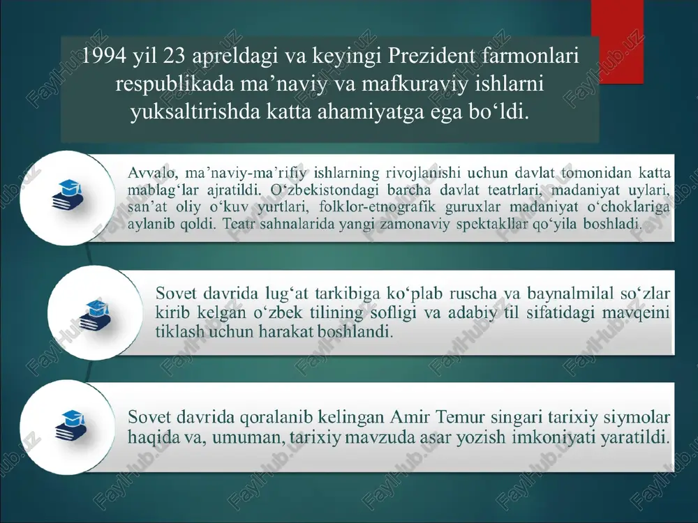 anda va sozandalar ishtirok etdi. buyuk alloma va adiblarimiz, aziz- avliyolarimizning bebaho merosi, yengilmas sarkanda va arboblarimizning jasoratini yoshlar ongiga singdirish, ularda milliy g‘urur va iftixor tuyg‘ularini kuchaytirish maqsadida o‘zbekiston milliy teleradiokompaniyasi tarkibida “o‘zbekiston tarixi” kanali o‘z faoliyatini boshladi. 2019 yil 5-10 aprel kunlari termiz shahrida xalqaro baxshichilik san’ati festivali o‘tkazildi. termiz shahrida baxshilar maktabi yangidan tashkil etildi. respublikasiz bolalar musiga va san’at maktablarida yuzlab yoshlarimiz folklor san’atini o‘rganmoqdalar. o‘zbekistonda 100 tomlik “o‘zbek xalq jodi yodgorliklari” nashr etilmoqda. a yoshlarimizga bo‘lgan e’tiborni >» yanada kuchaytirish, ularni madaniyat, san’ at, jismoniy tarbiya va sportga keng jalb etish, yoshlarda axborot texnologiyalaridan foydalanish ko‘nikmalarini shakllantirish, yurtimiz yoshlari o‘rtasida kitobxonlikni targ‘ib qilish, xotin-qizlar bandligini oshirish maqsadida \ 7 prezidentimiz tomonidan ilgari on surilgan 5 ta muhim tashabbus muhim ahamiyat kasb etadi. mazkur 5 tashabbus keng jamoatchilik tomonidan, ayniqsa, yoshlarimiz katta qiziqish bilan kutib oldi. shuni alohida ta’kidlash lozimki, 5 ta muhim tashabbusning har bir …