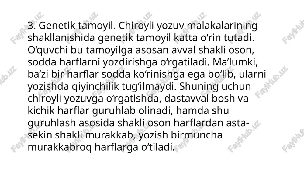 ilani umumiy o’rta ta'limga tayyorlaydi fanning nazariy mashg’ulotlari mazmuni husnixatning ahamiyati. chiroyli yozuvning ahamiyati. o’quvchilarni chiroyli yozuvga o’rgatishning pedagogik va ijtimoiy ahamiyati, chiroyli yozuv o’quvchida mehnat qobitiyatini shakllantirishi, yuklatilgan vazifani toza, aniq, madaniyat bilan bajarishga o’rgatishi, estetik didni tarbiyalashi. chiroyli yozuv imlo xatolarining oldini olishi. xunuk xat o’quvchida yozuvga nisbatan mas'uliyatsizlik hissini uyg’otishi o’ylamay yozishga imlo xatolariga befarq bo’lishga olib kelishi chiroyli yozuvning ijtimoiy ahamiyati, huijatlar o’qib bo’lmaydigan dastxat bilan yozilsa o’quvchining ko’p vaqtini olishi va tushunmaslikka olib keishi. husnixat darslarining maqsad va vazifalari yozuvga o’rgatish tarixidan ma'lumot. yozuvga o’rgatish o’rta murakkab va qiyin jarayon. yozuvga o’rgatishda asosiy metodlardan biri mexanik mashqlar, nusxa ko’chirish mashqlari ekani. unda yillar davomida alfavit tartibidagi harflarning nusxasi ko’chirilgani, so’ng so’z va gap yozish mashq qilinganligi. arab yozuv o’rgatilgan eski maktablar asosida. yozuvning onglilik tamoyili asosida o’rgatilishi. yozuvga o’rgatishning pedagogika. psixologiya, maktab gigiyenasi. fiziologiya tavsiyalariga bog’liq holda tashkil qilinishi. yozuvning gigiyenik shartlari. husnixatga o’rgatishning muvaffaqiyatli …