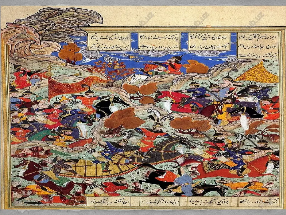 t yuritish uchun maxsus ilmiy markazlar tashkil qilindi. tarixchilar va shoirlar qo‘llab-quvvatlandi – sharafiddin ali yazdiy, nizomiddin shomiy kabi tarixchilar amir temurning yurishlari haqida asarlar yaratdilar. hunarmandchilik va savdo rivoji samarqand ipak, gilam, keramika va metall buyumlari bilan mashhur bo‘lgan. usta hunarmandlar shaharni bezashda faol ishtirok etgan, ayniqsa, koshinkorlik va ganch o‘ymakorligi rivojlangan. savdogarlar uchun bozorlarda sharoitlar yaratilgan, shuning uchun samarqand xalqaro savdo markaziga aylangan. amir temur davrida tasviriy san’at boshqa san’at turlari singari katta rivoj topmagan bo‘lsa-da, bu davrda me’morchilik, miniatyura va naqsh san’ati juda yuksak darajada bo‘lgan. tasviriy san’atning rivojlanishiga islom dini ta’sir ko‘rsatib, haykaltaroshlik va odam qiyofasini aniq tasvirlash cheklangan edi. shunga qaramay, ushbu davrda quyidagi san’at yo‘nalishlari rivojlandi: miniatyura san’ati amir temur davrida kitobat san’ati va miniatyura rivojlangan. xususan, temuriylar davrida bu yo‘nalish yanada ravnaq topdi. miniatyura san’ati asosan qo‘lyozma kitoblarni bezashda qo‘llanilgan bo‘lib, unda tabiat manzaralari, urush sahnalari va saroy hayoti aks ettirilgan. devoriy bezak …
