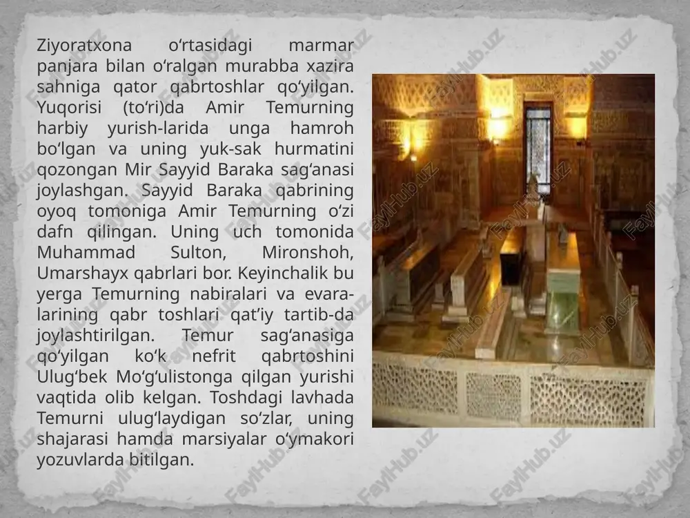 ingan maqbaralar, masjid va madrasalardan iborat murakkab yodgorlikdir. shu sababli bu yerga tashrif buyurgan sayyohlar ham osonlik bilan uni anglashlari, tushunishlari mushkuldir. bu darvozaning peshtog‘ida: “bu ulug‘vor inshoot abdulaziz bahodir ibn ulug‘bek kuragon, ibn shohruh, ibn amir temur kuragon tomonidan 838 (1434-35) yilida bunyod qilingan - degan yozuv saqlangandir. tarixchilarning fikrlaricha, bu darvoza va peshtoqni mirzo ulug‘bekning o‘zi bunyod qildirgan, ammo, uni o‘z nomiga emas, kichik o‘g‘li abdulaziz nomiga yozdirgandir. darvozadan kirgan sayyohlar chap tomonga burilsa xix asrda qurilgan masjidga, o‘ng tomonga burilsa 1813 yili davlat qushbegi tomonidan qurilgan kichik madrasaga kiradi. madrasaning qarama-qarshi tomonida esa 1910 yili usta sodiq tomonidan qurilgan yozgi masjid joylashgan. bu inshootlardan o‘tgan sayyohlar g‘ishtlardan terilgan zinopoyalar orqali yuqori tomonga yo‘l oladilar. sayyohlar zinapoyalarning qariyib o‘rtasiga yetganlarida ularning ko‘zlari chap tomondagi hashamatli maqbaraga tushadi. yaqin-yaqinlargacha ko‘pchilik olimlar, bu maqbaraga, mirzo ulug‘bek davrida samarqandda yashagan turkiyalik astronom qozizoda rumiy dafn etilgan deb hisoblar edi. ammo bu …