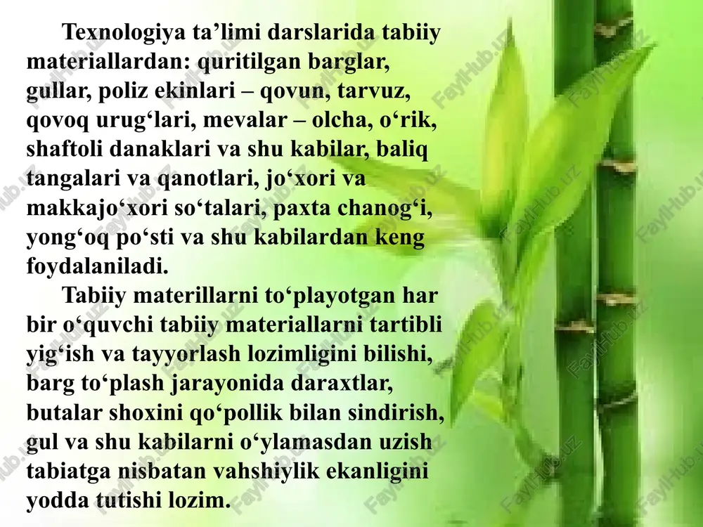 hlar tasviri tushirilgan rasmlarni, suratlarni ko‘rish, ularning tanasi va qanotlarining shakliga, rangiga alohida e’tibor berish topshiriladi. bunday uyushtirilgan ekskursiyadan keyingi mashg‘ulotda bolalar quritilgan barglardan qush applikatsiyasini zo‘r ishtiyoq bilan bajaradilar, agar applikatsiyalar o‘z istaklariga ko‘ra, o‘zlari to‘plagan materiallardan mustaqil yasash topshirilsa, qiziqishlari yanada ortadi. metall va qotishmalar. metall so’zi grekcha erdan kazib olaman degan mazmunda bo’lib, u dastlab kon, kazilma, degan ma’nolarni anglatadi. kadimgi dunyo xalklari faqat oltin, kumush, mis, kalay, kurgoshin, temir, simob kabi 7 ta metallnigana bilishgan. mehnat darslarida metall va qotishmalardan ham foydalanadilar. metallar o’zlarining texnik xususiyatlari: mustahkamligi, qattiqligi, egiluvchanligi, issiqlik va elektr o’tkazishi, suvga bardoshliligi, eruvchanligi va cho’kuvchanlik xususiyatlariga ega. o’quvchilar rangli metall va qora metall turlarini bilishlari kerak. 15 qora metall – temirning uglerod bilan qotishmasi va ozroq miqdordagi kremniy, marganets, fosfor, oltingugurt va boshqa elementlar aralashmasidan iborat bo’ladi. bularga: po’lat, cho’yan, temir, tunuka va folga kiradi. rangli metallga – mis, alyumin, qo’rg’oshin, jez, qalay …