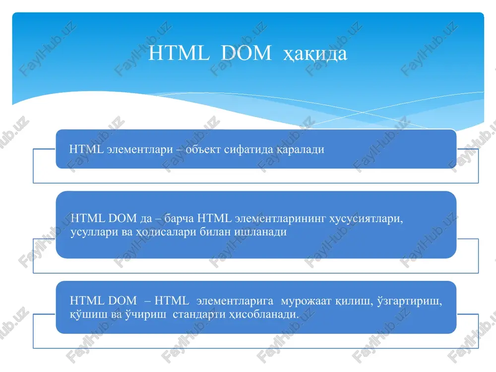 (bom) barcha global javascript ob'ektlari, funktsiyalari va parametrlari avtomatik ravishda window ob'ekti a'zolariga aylanadi. global o'zgaruvchilar - bu window ob'ektining xususiyatlari. global funktsiyalar - bu window ob'ektining usullari. hatto hujjat ob'ekti (html dom) ham window ob'ekti xususiyatidir. javascript brauzer ob'ekti modeli window location history navigator screen document forms images links javascript window ob'ekti usullari. windows.open () yangi oyna ochish. windows.close () joriy oynani yopish. windows.moveto () joriy oynani siljitish. window.resizeto () joriy oynani hajmini o'zgartirish javascript window screen xususiyati screen.width tashrif buyuruvchilar ekranining kengligini pikselga qaytaradi. screen.height tashrif buyuruvchilar ekranining balandligini pikselga qaytaradi. screen.availwidth windows-ning vazifalar panelidagi kabi interfeysning minus piksellarida, tashrif buyuruvchilar ekranining kengligini qaytaradi. screen.availheight windows-ning vazifalar panelidagi kabi interfeysning minus piksellarida, tashrif buyuruvchilar ekranining balandligini qaytaradi screen.pixeldepth ekranning piksel chuqurligini qaytaradi document.getelementbyid("demo").innerhtml="screen height is "+screen.height; document.getelementbyid("demo").innerhtml = "available screen width is " + screen.availwidth; document.getelementbyid("demo").innerhtml= "screen color depth is " + screen.colordepth; javascript window location windows.location ob'ekti …