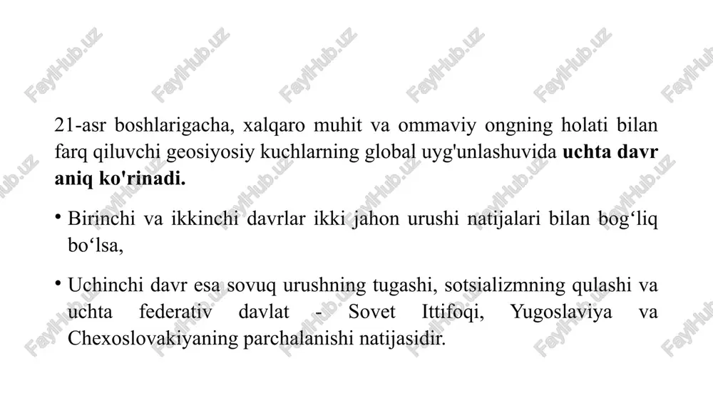 ehtimolidan qo‘rqishlariga sabab bo‘ldi. hozirgi vaqtda paydo bo'lgan "kuch qutblari" ning quyidagi xususiyatlarini aniqlash mumkin. 1. ularning sonining ortishi ilgari uchinchi dunyo deb atalgan davlatlar, birinchi navbatda, xitoy, hindiston va braziliya hisobiga. xalqaro aktyorlar tarkibida bunday tub o'zgarishlar xalqaro munosabatlarning global tizimi shakllanganidan beri (19-asr oxiri) sodir bo'lmagan. 2. dunyodagi iqtisodiy va harbiy qutblilik o'rtasidagi nomuvofiqlik. ilgari xalqaro munosabatlar tizimida iqtisodiy qudrat ko'rsatkichlari harbiy kuch ko'rsatkichlari bilan o'zaro bog'liq edi. kelgusi o'n yilliklarda, hech bo'lmaganda, iqtisodiy kuchning yangi markazlari uchun bunday o'zaro bog'liqlik xarakterli bo'lmasligi mumkin. 3. milliy hokimiyatni barpo etishda davlatlarning o'zaro bog'liqlik tuzilmalaridan samarali foydalanishning ahamiyati ortib bormoqda. davlatning milliy qudratni maksimal darajada oshirishi va boshqa davlatlarning milliy qudratini rivojlanishini o‘zi uchun xavfsiz yo‘nalishga yo‘naltira olishi uning iqtisodiy integratsiyadagi ishtirokiga bog‘liq. 4. deyarli barcha qutblarni demokratlashtirish, ularning xalqaro maydonda xulq-atvor xususiyatlarining jiddiy o'zgarishiga olib keladi. bu ularning harakatlarining ko'proq "shaffofligi" va prognoz qilinishi tendentsiyasida namoyon bo'ladi. mavzu: dunyoning …