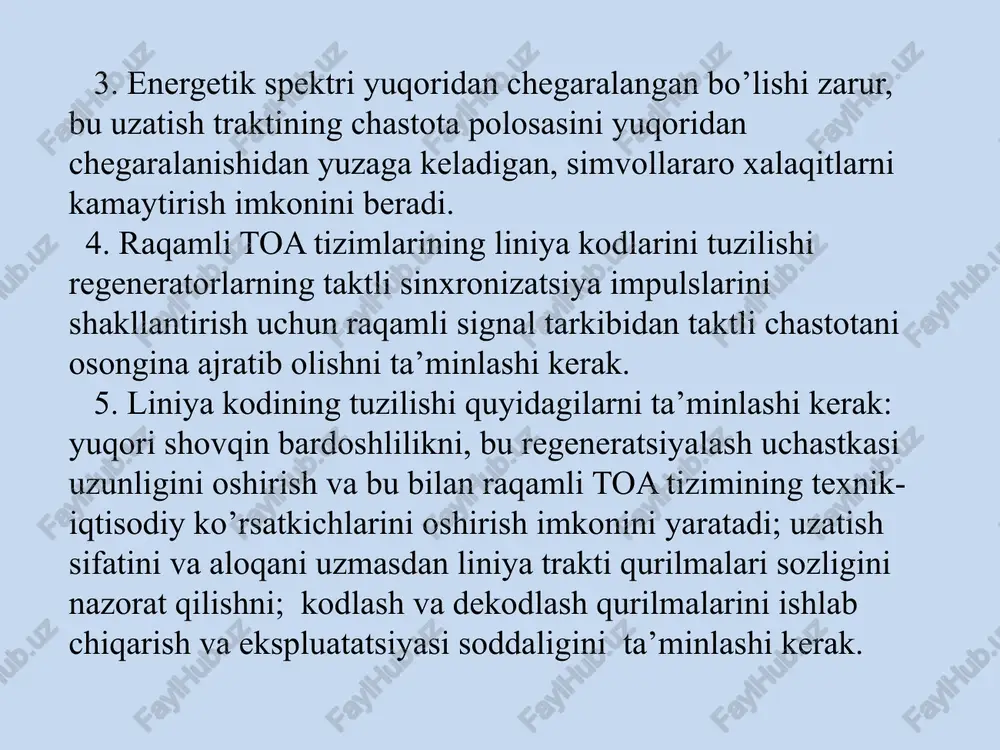 hlang'ich ketma– ketliklardan (liniya trakti bo'ylab uzatiladigan signalni vaqt bo'yicha kechikishini nazarda tutgan holda) qabul qiluvchi qismda boshlang'ich signalni qayta tiklash imkonini beradi. nazorat savollari 1. optik liniya kodlarining elektr kodlardan asosiy farqi nimada? 2. raqamli toa tizimlarining optik liniya kodlariga qanday talablar qo'yiladi? 3. 1b2b sinfidagi kodlar qanday shakllanadi? 4. 2b4b sinfidagi kodlar qanday shakllanadi va bu kodlar qanday afzalliklarga ega? 5. 3b4b, 5b6b sinfidagi kodlar qanday shakllanadi va ular qanday afzalliklarga ega? 6. yuqori tezlikli toa tizimlarida qaysi liniya kodlardan foydalaniladi? 7. 10b1r1p kodlar qanday xususiyatlarga ega? 8. skremblerlash qanday afzalliklarga ega? e’tiboringiz uchun rahmat!!! image1.png image2.wmf image3.wmf oleobject1.bin oleobject2.bin image4.png image5.png (p]| diy 13 2014 [pexum cosmectumoctu] - microsoft powerpoint (c6oii axtusaynn npoaykta) beta ess | scan avant eperoms anna oxascnizon _peyeronponmine bra be» iia hanpasnenme rexcra \\oe0- ga berasute ~ cosgate ed suponsare 7 alloug™ ynopagounts skcnpecc-crunn "s crane sjpasaen sare » smartart ~ || %@ …