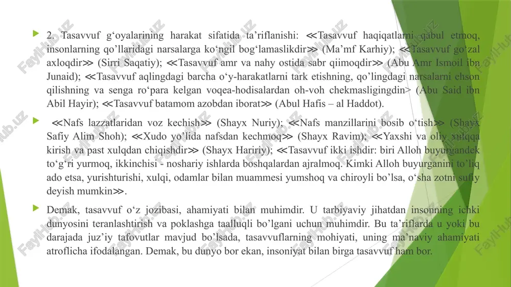 to‘rt unsurdan bunyod etgan. birinchisi aql, ikkinchisi ruh, uchinchisi ko‘ngil, to‘rtinchisi nafs. bunda ailoh ko‘ngilni suvdan, ruhni shamoldan, aqlni tuproqdan, nafsni olovdan olgan deb talqin qilinadi.' unda odam alayhissalomga aql bo’lgan tuproqning fazilatlari sabr-qanoat, og‘ir-vazminlik, muloyimlilikdir. binobarin, tasavvufda aqlli kishining axloqiy fazilati shu sifatlar bilan belgilanadi. sharq mutafakkirlari muso al-xorazmiy, umar al-chag‘miniy, imom al-buxoriy, abu nasr forobiy, abu rayhon beruniy, ibn sino, yusuf xos hojib, az-zamaxshariy, sulaymon baqirg‘oniy, shayx najmiddin kubro, pahlavon mahmud, bahovuddin naqshband, xoja abduholiq g‘ijduvoniy, nasriddin rabg‘uziy, alisher navoiy, ulug‘bek, taftozoniy, jurjoniy kabilar aql, ilmning foydasi, axloqli bo‘lish va ilm egallashning bir - biri bilan bog‘liqligi, mantiq, tafakkur tarbiyasi xususida qimmatli fikrlar bayon etganlar. abu nasr forobiy, abu rayhon beruniy va ibn sinoning aql va ilm egallash haqidagi fikrlari ko‘p jihatdan bir-biriga yaqin bo‘lib, ular ilm egallashda quyidagilarga alohida e’tibor beradilar: 1. aqliy tafakkur va uning hissiy bilishdan farqi. 2. aqliy tafakkur afzalligi. 3. tafakkur yuritishida irodaning …