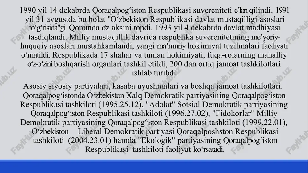ahridagi «qoraqalpoq baliq sanoat» mchj faoliyati bilan tanishdi. korxona yiliga 200 tonna baliq va 5 million dona baliq lichinkalari etishtirish, 5 ming tonna ozuqa em tayyorlash quvvatiga ega. shu erda qishloq xo'jaligi tarmoqlaridagi loyihalar taqdimot qilindi. davlatimiz rahbari chorvachilikda oilaviy koopertsiyani yo'lga qo'yib, parrandani ko'paytirish, go'sht narxini arzonlashtirish choralarini ko'rish muhimligini ta'kidladi. davlatimiz rahbari nukus shahrida barpo etilayotgan ko'p qavatli uy-joylar va it-parkni borib ularni 2021 yilda foydalanishga topshirish rejalashtirilgan. prezident yangi turar joylarning shou-rumida bo'lib, ularda yaratiladigan sharoitlar bilan tanishdi. nukus shahrining infratuzimasini yaxshilash bo'yicha ko'rsatmalar berildi. o'zbekistonda har bir kishi 1 sutkada 2-3 litr chuchuk suv ichadi. gidrosferaning faqatgina 2,5 foizini chuchuk suv tashkil qilishi haqida bilasizmi? yoki qishloq xo'jaligining ayrim sohalaridagi suv sarfini qiyosiy hisoblab ko'rsak, 1 tonna bug'doy etishtirish uchun 1,5 tonna, 1 tonna sholi uchun - 4-5 ming tonna, 1 tonna paxta etishtirish uchun 10 ming tonna suv sarflanishi haqida nima deya olasiz? o'z ekologik …