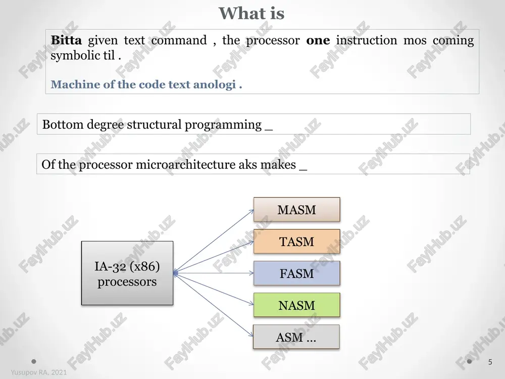 nt example . software part for convenient . ---------------------------------- * ; one line comment mov ax, dx ; ; with begins nachinayutsya ; and satr the end icon with ends yusupov ra, 2021 36 izohlar comment * ---------------------------------- ko’p satrli izohga misol. dastur qismi uchun qulay. ---------------------------------- * ; bir satrli izoh mov ax, dx ; ; bilan boshlanadinachinayutsya ; va satr oxiri belgisi bilan tugaydi yusupov r.a., 2021 37 savollar????? image3.png image4.png image5.png image6.png image7.png image8.png image9.png image10.png image11.png image12.png image2.jpeg @ total commander (x64) 8.52a - steve lonmo_ - ao x @aiinet beigenenne komangei ceres bug kondurypayna sanyck ‘cnpaska @e?|e|\s8\|e|\st|ses|eul* z2eale val 22\|e¢a4|a| 8 crtlad @\ cr cod @\ ‘ac © |[windows 10] 112 249 732 k6 us 244 193 604k6 ceofonho |.\ «. [ecad © |iwindriver! 537 204k6 vs 5 218 300 k6 ceogonho inwe /yc:\program files (x86)\*.* ay ey ina twn _——_pasnep ara to tn pasen …