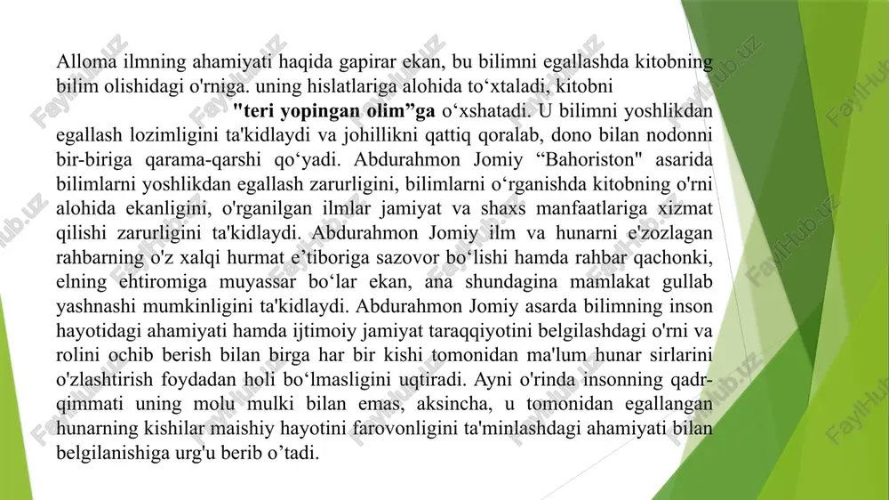 ammo manzilga eltuvchi; tuyadir – qadami og’ir, lekin bekatga tushirguvchi. achchiq so’zli nasixatchiday tabiat undan olinadi, lekin zaminda maqsad xosil bo’ladi. badxo’r dori beruvchi tabibday kasal undan qiynaladi, ammo so’ngida sog’lik yuz beradi. alisher navoiy “muruvvvat va saxovat ” to’g’risida. saxovat insoniyat bog’ining borvar shajaridur (boqiy ildizidir), balki ul shajarning mufid samaridur (hosilasidur). odamiylik kishvarining bahri mavjvari (odamiylik dengizining mavjlari), balki ul mavj bahrining samin gavhari... ma’dumlikda (insoniy fazilat sifatida) muruvvat karamning urug’ qayoshidur (qarindoshidir), balki tav’amon (umuman) qarindoshidur... sohibi muruvvat (muruvvatli kishi) sharif xalqidin ayrilmaydurkim, u qayda bo’lsa tengri panohida bo’lsin – izzat va sharaf oromgohida. navoiyning o’qituvchi (mudarris) to’grisidagi fikrlari. mudarris kerakki, g’arazi mansab bo’lmasa va bilmas ilmni aytishga urinmasa, manmanlik uchun dars berishga havas ko’rgazmasa va olg’irlik uchun gap-so’z va g’avg’o yurgizmasa, nodonlikdan sallasi katta va pechi uzun bo’lmasa, gerdayish uchun madrasa ayvoni boshi unga o’rin bo’lmasa. ... yaramasliklardan qo’rqsa va nopoklikdan qo’rqsa, nainki, o’zini olim bilib, …