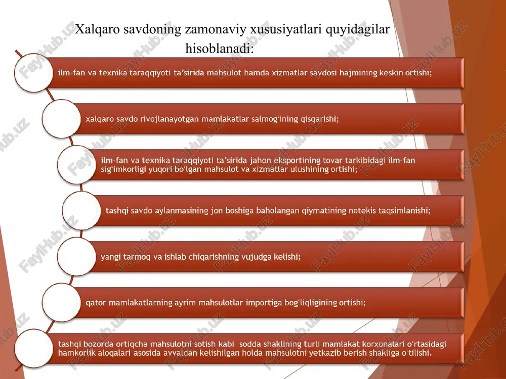 xomashyo mahsulotlari, | - qishloq xo‘jaligi mahsulotlari, sanoat mahsulotlari; i" | xizmatlarni ayirboshlash: muhandislik-maslahat xizmatlari; 7 transport xizmatlari, sayyohlik va boshqa xizmatlar. hozirgi | vaqtda xizmatlarning jahon eksportidagi hissasi 30 foizdan oshib - ketdi; i" yangi ilmiy-texnik ma’lumotlarni ayirboshlash: litsenziyalar va «nou-xou»lar. ular hissasiga xalqaro savdo aylanmasining 10 7 foiziga yaqini to‘g‘ri keladi. i" ligueyke vsistyojouru vy oaysewox muieypeyeyueysnur ea ysepbrbe} tepeboye opaes aepueb sey ueyjiq sepyejaep ebysoq uepedrjodonow ssururejeyepureysnur ‘ipeyered turuoyut ysipib yodsye eyor jepxieu ysed ruepopnsyeur jokkey ba rysthed,oy suiutseiixez uno jeyepwwew iepiqpe}-e1oyo aepung ryunyo “yiseuuipun foq uepysodu oysewiox ueseuly,oq pnfavur epyeyepuew ea yseybrbe} rod ysepyoyo biyeb rurysipbryo qijo suruoayseurox opaes eplwepsod iepyeysep ebysoq va sepejoay ‘iepiey — i opars ibyse, uesyyerb esysuycewey twyodur ea ystiyso prox qijo esiysiyso suruyi;pueq ea ysiebryo qeyst ‘“aepeferex ryyol ‘epyeqaeu z,o ‘ng ‘ipejay qijo esiysis,o esiqosiy leyequeu unjo surureeyepweu ebysoq tuiseuxez unjo suruyeyepuueur tyst[,0q eyvey uepyodunt surupodsys — ysejuru,e) iuopyes yeqsnu epopaes …