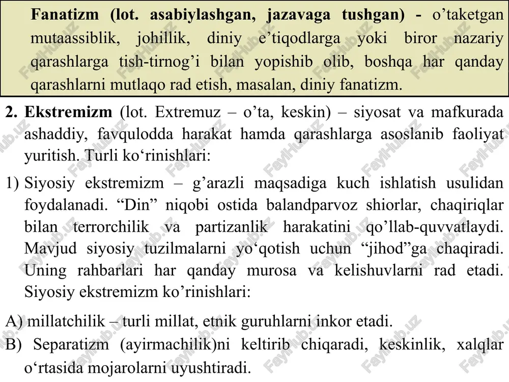 blaydilar. umuman, islom ekstremizmi, fundamentalizmi tomonidan o‘zbekiston xavfsizligiga mustaqillik yillarida qilingan tahdidlar va hozirgi vaqtda ham mavjud urinishlar dindor musulmonlarning islohotchi davlatga ishonchini yo’qotish, demokratik jamiyatni obro’sizlantirish, barqarorlikni va milliy totuvlikni buzish. asossiz da’vatlar orqali yoshlarni mutelik, erksizlik holiga tushirib qo’yish, aqliga va taqdiriga hukmron bo’lish. qarama-qarshilikni keltirib chiqarish, mamlakatni parchalab tashlash (separatizm). din uchun kurashuvchi jangarilarning yangi avlodini vujudga keltirish. musulmon va nomusulmon mamlakatlar orasida o’zbekiston obro’sini to’kish, obro’sizlantirish. 1. islom va boshqa sivilizatsiyalar o’rtasida ziddiyatlarni keltirib chiqarish. 2. omma ongida soxta tasavvurlarni qaror toptirish. 3. diniy radikal kuchlarning terroristik jinoiy harakatlari. 1991 yil 9 dekabrda namangan shahrida bir guruh qo’poruvchi kuchlar viloyat ijroiya qo’mitasini egallab, o’zbekistonni islom davlatiga aylantirishdagi da’volariyu 1990-1992 yillarda namangan viloyatida “otavalixon” jome masjidida abdulla o’taev, tohir yo’ldoshevlar oqimlari: 1) hizb-ut tahrir. 2) akromiylar. 3) “nurchi”lar. 4) “tavbachi”lar. 5) islom lashkarlari. 6) “adolat” diniy uyushmasi va hakazo. 5. 2001 yil 11 sentyabrda aqshning nyu-york shahrida …