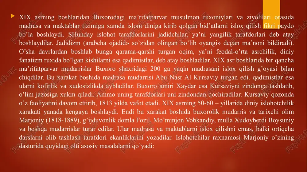 qilish. jadidchilik g’oyalarini keng xalq ommasiga yetkazish niyatida yangi o’zbek adabiy tilini ishlab chiqish, matbuot xurligi uchun kurash, xalq ommasiga tushunarli adabiyot va teatrni yaratish. xotin-qizlarni paranjidan chiqarish va jadid maktablariga qatnashlarini ta’minlash yo’li bilan ular taqdirini o’zgartirish va oilada islohot o’tkazish. maxalliy boylar va savdogar axlining siyosiy va iqtisodiy jixatdan rus burjuaziyasi bilan bir xuquqda bo’lishi, maxalliy amaldorlarning chor xukmdorlari tomonidan siquvga olishiga qarshi kurash. shu yo’l bilan mustamlakachilik siyosatini islox qilish. asosiy talablari ana shundan iborat bo’lgan jadidlar uchun ilm va ma’rifat yagona qurol bo’lib, ular shu qurol yordami bilan o’lkada ijtimoiy-iqtisodiy va madaniy taraqiyot uchun kurashmoqchi bo’ldilar xx asr boshlarida toshkent, samarqand, buxoro, farg’ona vodiysi shaharlarida o’nlab “usuli jadid” maktablari ochildi. uni bitrganlar orasidan turkiston manaviy-marifiy dunyosini milliy uyg’onishiga kuchli ijobiy tasir qiladigan zabardast namoyandalar etshib chikdi. ularning “birinchisi”, “turkiston jadidlarining otasi” – mahmudxo’ja behbudiydir. maxmudxo’ja behbudiy (1874-1919) turkistonda jadidlar xarakati asoschilaridan biri, jaxonga mashxur bo’lgan o’zbekning …