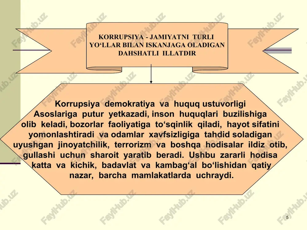 rlarning ruxsat berish yoki taqiqlash vakolatlarining kengligi korrupsiyaga zamin yaratadi. huquqiy sabablar. korrupsiyaning kelib chiqishi qonun ustuvorligi bilan bog‘liq. qonunlarning ishlamasligi, amal qilmasligi natijasida ham korrupsion holatlar kelib chiqadi. institutsional sabablar. davlat boshqaruvi tizimidagi nuqsonlar, demokratik institutlarning kuchsizligi, xukumat faoliyatining yopiqligi, fuqarolik nazoratidan holiligi natijasida kelib chiqadi. ijtimoiy sabablar. jamiyatdagi muhit, aholining huquqiy bilimi, madaniyat darajasi, ma’naviyati, uyushqoqligi, jamoat faolligi pastligi sababli kelib chiqadi. korrupsiyaning qarshi kurashning jahon tajribasi ichki nazorat – bu usul boshqaruv apparatining o‘zida nazorat organlari tuzish orqali amalga oshiriladi. mamlakatimizda ham bir qator huquqni muhofaza qilish organlarida ichki tuzilmalar yaratilgan. tashqi nazorat – bu usul ijro apparatidan mustaqil tuzilmalarning mustaqilligini oshirish orqali amalga oshiriladi. ya’ni sud xokimiyatining mustaqilligiga erishish, oav ga ko‘proq erkinlik berish. saylov tizimi orqali kurashish – demokratik davlatlarda saylangan vakillarni korrupsiya uchun jazolash usuli unga keyingi saylovlarda ovoz bermaslik hisoblanadi. «qachonki hokimiyat xalq ishonchini oqlash uchun emas, shaxsiy boylik orttirish maqsadida faoliyat yurita …
