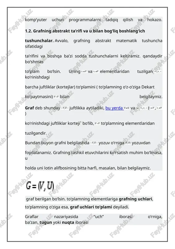 o’tamiz. ishni eng kichik vaznli df tomondan boshlaymiz. boshlang’ich garf v rasmda ifodalangan. navbatda a va v tugunlarni birlashtiruvchi tomon (v rasm), so’ngra vazni 3 ga teng bo’lgan tomon qo’shiladi va g rasmda ifodalangan grafga ega bo’lamiz. navbatdagi qadamda 4 va 5 avznga ega bo’lgan tomonlar(d va e rasmlar) qo’shib olinadi. natijada qo’shilmagan faqat g tugun qoladi. keyingi qadamda vazni 6 ga teng tomonlarni qayta ishlash kerak bo’ladi. vazni 6 ga teng bo’lgan to’rtta tomondan ikkitasini qoldiramiz. natijada qaysi ikki tomonning qoldirilishiga bo?liq holda j yoki z rasmlarda ifodalangan mod lardan biriga ega bo’lamiz. a) b) v) g) d) e) j) z) quyida ushbu algoritm matnini keltiramiz. bunda e bilan grafdagi tomonlar soni, n bilan tugunlar soni ifoddalangan: edgecount=1 while edgecount dist[u] + chekka uv og'irligi bo'lsa, dist[v] ni yangilang dist[v] = dist[u] + chekka uv og'irligi ushbu bosqich grafikda salbiy og'irlik aylanishi mavjudligi haqida xabar beradi. yana har bir …