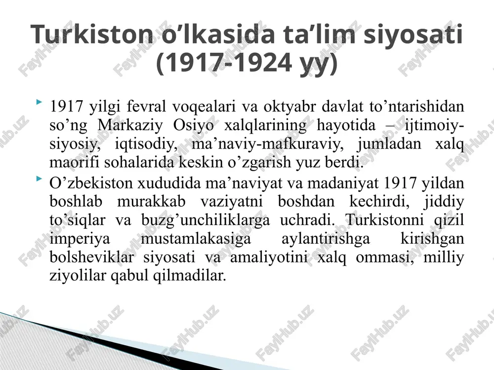 45-1991 yillarda xalq ta’limi tizimi sovetlar davrida maktablarning o’quv-tarbiya ishlarida katta nuqsonlar mavjud edi. o’zbek tiliga davlat maqomi berilmaganligi, davlat idoralarida ish yuritish asosan rus tilida olib borilganligi tufayli maktablarda ona tili chuqur o’rgatilmasdi. ona tilini o’rganishga ajratilgan dars soatlari rus tiliga ajratilgan dars soatlarining yarmini ham tashkil qilmas edi. (56 soat o’zbek tili, 178 soat rus tili) sovetlar davrida “sssr tarixi” deb nomlangan, aslida rossiya tarixidan iborat fan o’qitilardi. unga ilova sifatida “o’zbekiston ssr tarixi” bir necha soatgina o’qitilar, ko’p hollarda bu kurs o’tilmay qolib ketardi. 1945-1991 yillarda xalq ta’limi tizimi 70-yillarga kelib respublikamizda ijtimoiy sohada ro’y bergan jamiyatdagi turg’unlik holatlari, ijtimoiy turmush sharoitining yomonlashuvi, iqtisodiyotdagi kiyinchiliklar, ma’naviy va madaniy soha muammolari ta’limga ham o’z ta’sirini o’tkazdi. umumta’lim maktablarining ahvoli yomonlashdi. yaqin o’tmishda keng yoyilgan ijtimoiy adolat printsiplarining buzilishi, dinimiz, milliy g’ururimizning kamsitilishi yosh avlod tarbiyasiga ma’naviy zarar yetkazdi. ularning aksariyat qismida mudroqlik, hafsalasizlik, loqaydlik kayfiyatlari ko’proq kuzatildi. 1985-1990 …