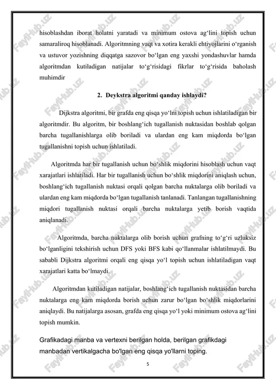 verteksni tanlang (sptset-da emas). vertex 6 tanlangan. endi sptset {0, 1, 7, 6} bo'ladi. 6-sonli qo'shni vertikallarning masofa qiymatlarini yangilang. 5 va 8-vertexlarning masofa qiymati yangilanadi. biz yuqoridagi amallarni sptset berilgan grafikning barcha uchlarini o'z ichiga olguncha takrorlaymiz . va nihoyat, biz quyidagi eng qisqa yo'l daraxti (spt) olamiz. spt tarkibiga kiruvchi uchlari to'plamini ifodalash uchun sptset [] boolean massividan foydalanamiz. agar sptset [v] qiymati to'g'ri bo'lsa, v vertex sptga kiritilgan, aks holda emas. array dist [] barcha vertikallarning eng qisqa masofa qiymatlarini saqlash uchun ishlatiladi. // a c++ program for dijkstra's single source shortest path algorithm. // the program is for adjacency matrix representation of the graph #include #include // number of vertices in the graph #define v 9 // a utility function to find the vertex with minimum distance value, from // the set of vertices not yet included in shortest path tree int mindistance(int dist[], bool sptset[]) …