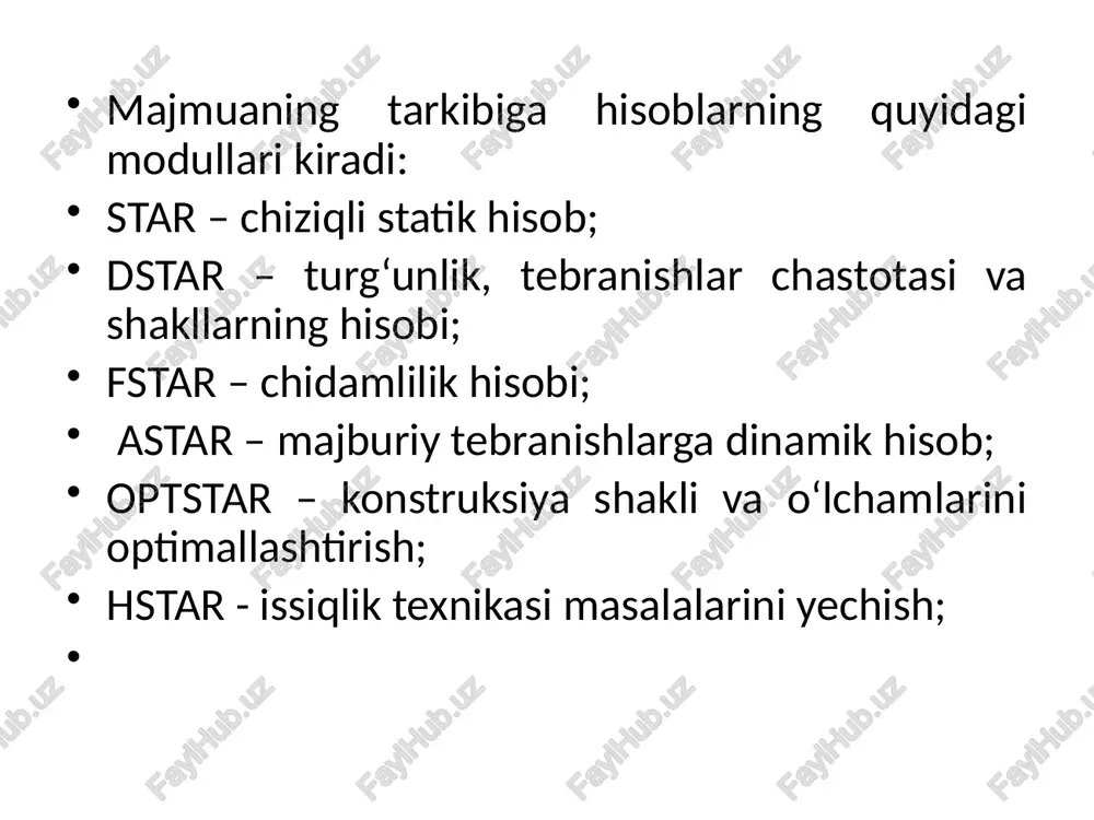 i “goryachiye klavishi” yordamida amalga oshirishi mumkin. lira pk asosiy hisoblashlarni bajaruvchi quyidagi protsessor va modullar jamlamasidan tashkil topgan: chiziqli protsessor chiziqli deformatsiyalangan konstruksiyalarni statik va dinamik ta’sirlarga hisoblaydi. ko‘chishlardagi chekli elementlar usuli (cheu) joriy qilingan. chekli elementlar bibliotekasining 50 dan ortiq turlari mavjud: ixtiyoriy kesim yuzali sterjen elementlari, shu jumladan elastik zamin elementlari, uchburchakli, to‘g‘ri burchakli va to‘rtburchakli plastinka elementlari (balka-devor, qobiq, plita, shu jumladan elastik zaminda); tetraedr ko‘rinishidagi uch o‘lchovli elementlar, parallelepiped, uchburchakli va to‘rtburchakli prizmalar, to‘g‘ri bo‘lmagan qavariq olti va sakkiz burchakli, maxsus elementlar – chekli bikr bog‘lanishli, tugun beriluvchanligi, grunt zaminli chegaralangan elementlar va h. k. chiziqsiz qadamli protsessor. fizikaviy chiziqsiz sterjen sistemalari, plitalar va qobiqlarni, hamda chiziqsiz geometrik sistemalarni, shu jumladan boshidan geometrik o‘zgaruvchan bo‘lgan sistemalarning (vantalar, vanta fermalari, tentlar, membranalar) hisobini bajaradi. bunda tengdosh fermalarni topishda qadamni tanlash avtomatik ravishda amalga oshiriladi. boshqa holatlarda esa qadamning kattaligi foydalanuvchi tomonidan tayinlanishi mumkin. fizikaviy chiziqsiz sistemalar …