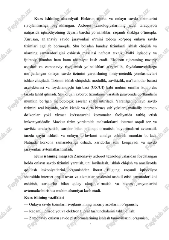 lari quyidagilardan iborat — mahsulot va xizmatlarni bozorda tez va qulay tarqatishni ta’minlash; — ishlab chiqaruvchi bilan iste’molchi o‘rtasidagi vositachilarni kamaytirish; — savdo jarayonlarini raqamlashtirish va avtomatlashtirish; — korxona xarajatlarini qisqartirish hamda samaradorlikni oshirish; — mijozlarga 24/7 rejimda xizmat ko‘rsatish imkoniyatini yaratish; — tovar aylanmasini tezlashtirish va bozorda raqobatbardoshlikni kuchaytirish. zamonaviy iqtisodiyotda elektron tijoratning o‘rni nihoyatda muhim. chunki u global bozorlar bilan integratsiyani kuchaytiradi, kichik va o‘rta bizneslar uchun yangi imkoniyatlar yaratadi, eksport salohiyatini oshiradi va milliy iqtisodiyotning raqamli transformatsiyasini jadallashtiradi. elektron tijoratning rivojlanishi o‘zbekistonda ham faol bosqichga kirgan. bugungi kunda “asaxiy”, “olx”, “zoodmall”, “texnomart”, “book.uz” kabi platformalar aholining xarid qilish madaniyatini yangi bosqichga olib chiqmoqda. shu orqali nafaqat iste’molchilar qulaylikka ega bo‘lmoqda, balki mahalliy ishlab chiqaruvchilar ham o‘z mahsulotlarini keng bozorga chiqarish imkoniga ega bo‘lmoqda. 3-rasm elektron tijoratning shakllanishi va rivojlanishi axborot texnologiyalarining yuksalishi bilan chambarchas bog‘liq. avvallari savdo jarayonlari faqat an’anaviy usulda, ya’ni do‘kon, bozor yoki ofis orqali …