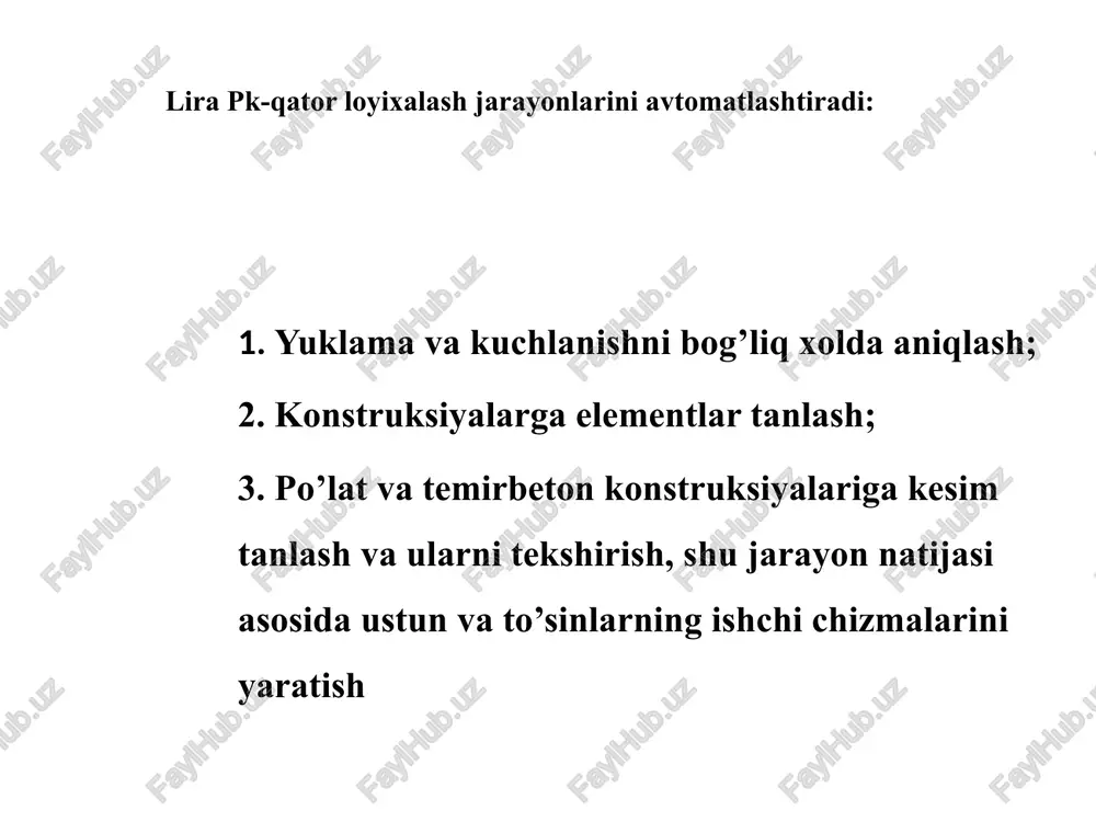va ularning qiymatlarini kiritish hamda ularning qo‘yiladigan tugun va zonalarini ko‘rsatish imkoniyatini beruvchi buyruqlar joylashtirilgan . bu menyuning dastlabki buyrug‘i bilan joriy yuklanishning tartib raqami kiritiladi. kopirovat tekusheye zagrujeniye (joriy yuklanishni nusxalash ) buyrug‘i hisob sxemasining barcha elementlari o‘zlarining xususiy og‘irliklaridan hosil bo‘ladigan yuklardan avtomatik ravishda yuklanishini ta’minlab beradi. udalit sobstvenniy ves (xususiy og‘irlikni o‘chirish) buyrug‘i oldingiga teskari bo‘lgan operatsiyani amalga oshiradi. yuklar menyu bandi. raschetniye sochetaniya usiliy (rsu) (hisobiy zo‘riqishlar jamlamasi) buyrug‘i hisobiy zo‘riqishlar jamlamasi jadvallarini hamda hjz hisobiy guruhlarini shakllantiruvchi va to‘g‘rilovchi buyruqlarini o‘zida jamlagan menyuni ekranga chiqaradi. dinamika buyrug‘i dinamik ta’sirlarga hisoblashni tashkil qilish imkoniyatini yaratib beruvchi jarayonlarga ega bo‘lgan menyuni chiqaradi. ustoychivost (ustuvorlik) buyrug‘i sxemaning umumiy ustuvorlikka hisoblanishini bajarish haqidagi ma’lumotlarni kiritishga mo‘ljallangan muloqot oynasini chaqiradi. modelirovaniye nelineynix zagrujeniy (chiziqli yuklanishlarni modellashtirish) buyrug‘i qadamli protsessorning tashkil qilinishini belgilovchi ko‘rsatkichlar: yuklanishlar raqami yoki yuklanishlar kombinatsiyasi, qadam usulining modifikatsiyalari kiritiladigan muloqot oynasini ochadi. zadaniye montajnix tablits (montaj jadvallarini …