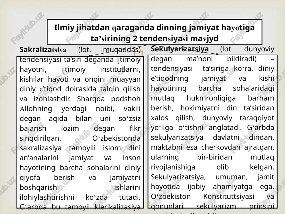 i bilan: “jaholatga qarshi ma’rifat” ulug‘vor g‘oyasi insonparvarlik mohiyati nuqtai nazaridan yana bir bor ilgari surildi. diniy-ma’rifiy soha faoliyatini tubdan takomillashtirish bo‘yicha chora-tadbirlar dasturi ishlab chiqildi. vazirlar mahkamasi huzuridagi din ishlari bo`yicha qo‘mittasi tuzilmasida 15 ta shtat birligidan iborat “diniy-ijtimoiy jarayonlarni o‘rganish axborot-tahlil” markazi tashkil etildi. toshkent islom universiteti negizida “o`zbekiston xalqaro islom akademiyasi” tashkil topdi. o`zbekiston xalqaro islom akademiyasi bitiruvchilariga umumta’lim maktablari, o`rta maxsus va oliy ta’lim muassasalarida sohaga tegishli fanlar bo‘yicha pedagogik faoliyat bilan shug‘ulanish huquqi berildi. o‘zbekiston xalqaro islom akademiyasi tarkibida qoraqalpog`iston respublikasi, samarqand, namangan va surxondaryo viloyatlari mintaqaviy filiallariga ega bo‘lgan malaka va surxondaryo viloyatlari mintaqaviy filiallariga ega bo‘lgan malaka oshirish markazi tashkil etildi. o‘zbekiston musulmonlari idorasi va o‘zbekistondagi islom tsivilizatsiyasi markazining oliy diniy-ma’rifiy ta’lim muassasasi shaklidagi “hadis maktabi” tashkil topdi. o‘zbekiston musulmonlari idorasi huzurida “vaqf xayriya jamoat fondi” tashkil etildi. “imom buxoriy” davlat mukofoti ta’sis etildi.  o‘zbekiston respublikasi prezidentining “o‘zbekiston respublikasini yanada rivojlantirish bo‘yicha …