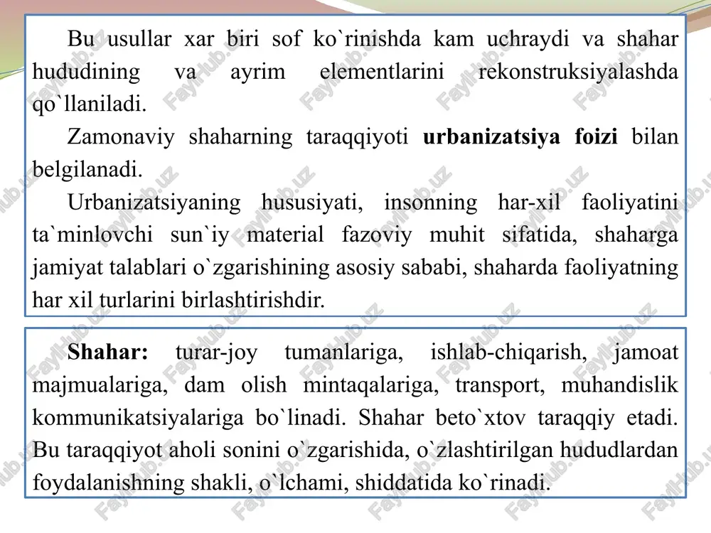 hisobga olgan holda, ya’ni shaharning umumiy funktsional tashkillashtiruvchi unsuri sifatida qarash lozim bo’ladi. shaharning rivojlanishidagi qator shartlar: sanoat ishlab chiqarishning o’sishi, yangi sanoat korxonalarining joylashtirilishi, ma’muriy va madaniy markazlar tashkillashtirilishi bilan belgilanadi. eng ko’p ravnaqqa o’rtacha shaharlar, ayniqsa, kichik shaharlar erishadi. ularda sanoat korxonalari joylashtirilganligidan aholining soni tez o’sib boradi, bu esa turar-joy qurilishini tez o’sishiga olib keladi. shaharlarni rekonstruktsiyalash ularning keyingi ravnaqining asosiy shartlaridan biridir. uning bir necha yo’llari: bo’sh hududlarda yangi turar-joy dahalari va shahardagi bo’sh joylarda yolg’iz binolar qurish; eskirgan uylarni buzib, ularning o’rniga yangilarini qurish va tayyor binolarni rekonstruktsiyalash hamda butun dahalarni ko’rinishini o’zgartirib, ular asosida yangi obodonlashtirilgan turar-joy tumanlari va mavzelarini tashkillashtirish bilan amalga oshiriladi. shahar uy-joy jamg’armasini o’sishi shahar xo’jaligining qolgan barcha sohalarini (transport, yo’llar, ko’kalamzorlashtirish) hamda kerakli barcha muhandislik tizimlarini (suv tarmoqlari, kanalizatsiya, gaz va issiqlik ta’minoti va aloqa) o’sishi bilan proportsional bo’lishi lozim. magistrallar, ko’cha va maydonlarning rekonstruktsiyasi shaharning umumiy rekonstruktsiyasining tarkibiy …