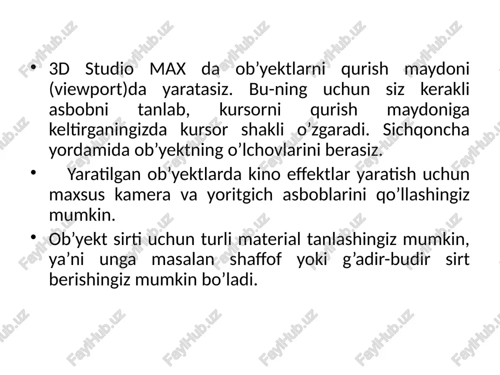 ch camera to view – tanlangan kamerani shunday ko‘chiradi, kamerani ko‘rinishi perspective (perspektivi) perspektiva ko‘rinishi bilan mos kelishi. redraw all views – birga bir ekran derazasini chizadi. deactivate all maps – sahnada egallagan hamma materiallarni ko‘rsatilishi o‘chiriladi map (kart) viewportda. update during spinner drag – ekran derazasida real vaqtda effektlarni tuzatish imkoniyatini beradi. expert mode (klaviatura > ctrl+x) - hamma menyularni yashiradi, ekran va "dvijok" vaqti qoladi. menyu rendering menyu rendering rendering' sahnasi, render' effektlari, video post va ram player ga kirish fuksiyalari kirgan. render (klaviatura > shift+r) - render scene muloqotni ko‘rsatadi, u yordamida siz render' uchun parametrlarni qo‘yish mumkin. video post – bitta animatsiyaga birlashtirish uchun ko‘p miqdorda kameralar ko‘rinishi, animatsiya va tasvirlar segmentlari qo‘llash mumkin. show last rendering – renderdan so‘ng oxirgi tasvirni ko‘rsatadi. environment – atmosfera va fonning effektlarni qo‘yish uchun qo‘llaniladi. effects – muloqot menyusi rendering effects ko‘rinishi chaqiriladi va sizga post-rendering uchun effektlar parametrlarini …