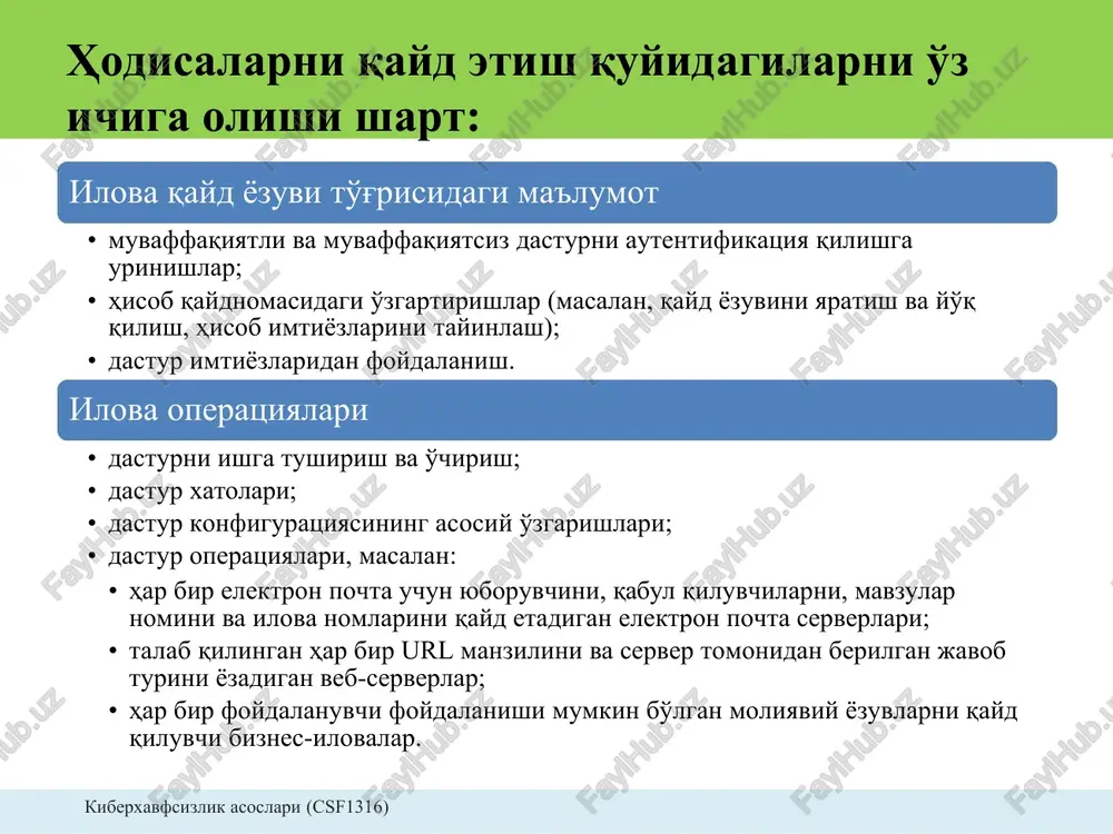 rlar (tizim) administratorlar (domen) lokal tizim tizim + + + - + - interaktiv foydalanuvchi administratorlar (tizim) tanlovga ko'ra yaratilgan log fayl + + + administratorlar (domen) lokal tizim + + + + + + + + - interaktiv foydalanuvchi kiberxavfsizlik asoslari (csf1316) windows ot log fayli kompyuterdan win+r tugmalari kombinatsiyasi bosiladi hosil bo'lgan oynadagi maydonda eventvwr kiritiladi va enter tugmasi bosiladi hosil bo'lgan hodisalar ko'rish oynasidan windows logs bandi tanlanadi kiberxavfsizlik asoslari (csf1316) windows ot log fayli kiberxavfsizlik asoslari (csf1316) windows ot log fayli kiberxavfsizlik asoslari (csf1316) windows ot log fayli kiberxavfsizlik asoslari (csf1316) windows ot log fayli kiberxavfsizlik asoslari (csf1316) windows ot log fayli kiberxavfsizlik asoslari (csf1316) windows ot log fayli kiberxavfsizlik asoslari (csf1316) e'tiboringiz uchun raxmat!!! image1.png image2.png image3.png image4.png image5.png image6.png image7.png image8.png image9.png image10.png image11.png image12.png image13.png image14.png image15.png image16.png image17.png image18.png image19.png image20.png image21.png image22.png image23.png image24.png image25.png image26.png wtp cobemii (loxam. _¢ hcrpantaeusie …
