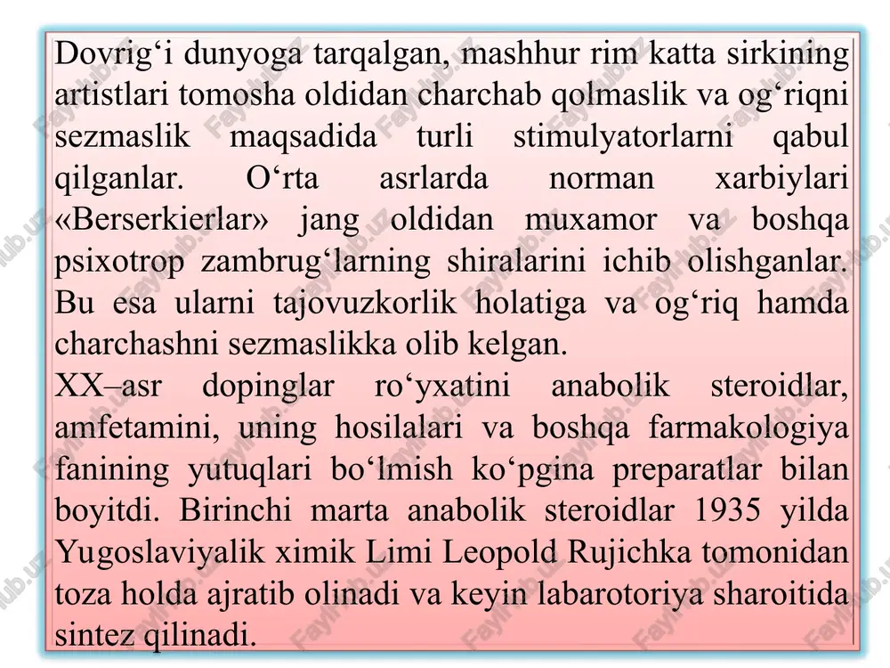shuni ko’rsatadiki, hatto qadimgi yunonlar ham sport faoliyatini yaxshilash uchun turli xil moddalardan foydalanganlar. keyinchalik texnologiyaning rivojlanishi bilan doping bilan bog’liq vaziyat ayanchli darajaga yetdi. albatta, turli sport tashkilotlari bunga qarshi kurashishga harakat qilishdi. sportdagi doping-bu sportchilar tomonidan har xil turdagi farmakologik preparatlarni qabul qilishi yoki ulardan foydalanishidir. sportda doping xix asrning oxiridan boshlab faol ravishda qo’llanila boshlandi va ulardan birinchisi striknin bo’lib, u kichik dozalarda ijrochilarda qisqa muddatli rag’batlantiruvchi ta’sir ko’rsatdi. ko’plab kofe ichish sportchilarning qobiliyatlarini oshirishga olib kelishi ham ma’lum. dopingdan foydalanish sohasida va qonun nuqtai nazaridan hal qilinmagan yoki to’liq hal qilinmagan bir qator muammolar mavjud. sportda dopingdan foydalanish xalqaro huquq uchun normativ nuqtai nazardan muammo hisoblanadi. ushbu muammo yuridik nuqtai nazardan to’liq hal qilinmagan, chunki taqiqlangan farmakologik vositalardan foydalanish uchun ham xalqaro sportda, ham ayrim davlatlarda davlat tomonidan belgilangan jarimalar tizimi etarli darajada samarali emas yoki umuman yo’q. ya’ni, ba’zi davlatlarning qonunlarida dopingdan foydalanganlik uchun javobgarlik …