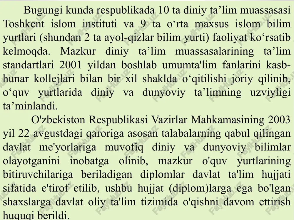mavzulariga oid 33 nomdagi kitob, risola va monografiyalar, 14 ta tarjima ishlari, 300 ga yaqin ilmiy maqolalar nashr qilindi. shuningdek, markazda diniy xodimlarning bilim va saviyasini oshirishga qaratilgan o'quv-mashg'ulotlari tashkil etilib, 2008-2015 yillar mobaynida i davra bo'yicha 32 ta bosqich, 2015-2016 yillarda ii davra bo'yicha 6 ta bosqich o'quvlari tashkil etildi. mazkur o'quvlarda respublikamiz masjidlarida faoliyat ko'rsatayotgan 2488 nafar imom-xatiblarning diniy va dunyoviy bilimlari oshirildi. mustaqilik yillarida toshkent islom instituti va o'rta maxsus islom bilim yurtlarini jami 7000 nafarga yaqin talaba bitirib, respublikamizning turli hududlarida diniy-ma'rifiy soha bo'yicha faoliyat olib bormoqda. yangi o’zbekistonda so‘ngi yillarda har bir sohada, shu jumladan ta’lim sohasida islohotlar olib borilayotgani, o‘sib kelayotgan yosh avlodni kelajakda inson degan sharafli nomga munosib ravishda tarbiya va ta’lim olib kamol topishlariga mamlakatimizning oqil insonlari jon kuydirayotgani va bu borada ishlab chiqilayotgan va amalga oshirilayotgan amaliy ishdar va tadbirlar tahsinga sazovordir. ushbu jarayonda bugungi o‘zbek jamiyatining mutlaq ko‘pchiligi insonning ma’naviy …